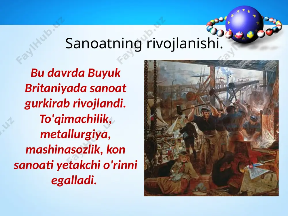 kinchi parlament islohoti o'tkazildi. unga ko'ra, shaharlarda o'z uyiga ega bo'lgan hamda alohida kvartirada turadigan barcha erkaklarga saylov huquqi berildi. buning natijasida saylovchilar soni 1832- yildagi 600 ming kishidan bir yo'la 2 mln ga yetdi. «oq» koloniyalar. buyuk britaniya o'z mustamlakachilik siyosatida «oq» koloniyalarga katta e'tibor berdi. ayni paytda mustamlakalar o'zini- o'zi boshqarish uchun kurash olib bordilar. bu kurash, ayniqsa, kanadada shiddatli tus oldi. natijada buyuk britaniya 1867- yilda kanadaga dominion maqomini berishga majbur bo'ldi. savol va topshiriqlar 1. buyuk britaniyada sanoat rivojlanishi va uning oqibatlari haqida nimalarni bilib oldingiz? 2. «sanoat to'ntarishi tugallandi», degan iboraning mazmunini izohlab bering. 3. buyuk britaniyada parlament islohoti uchun olib borilgan kurash qanday yakun topdi? 4. buyuk britaniyaning eng yirik mustamlakachi davlat bo'lgan- ligiga misollar keltiring. image2.jpeg image3.jpeg image4.jpeg image5.jpeg image6.jpeg image7.jpeg image8.jpg image9.jpeg image10.jpeg image11.jpeg image12.jpeg image13.jpeg image14.jpeg image15.jpeg image1.jpeg