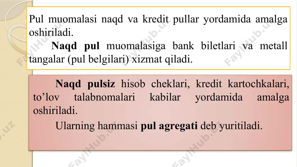 dit tovar yoki pul (valyuta) shaklida beriladi. so’nggi vaqtlarda kreditlashning lizing, faktoring, farfeyting, trast kabi shakllarining rivojlanib bormoqda. lizing – bu kreditning pulsiz shakli bo’lib, odatda ishlab chiqarish vositalari va boshqa moddiy boyliklarni keyinchalik foydalashuvchilar tomonidan muntazam ravishda haq to’lab borib, sotib olish sharti bilan uzoq muddatli ijaraga berishdan iborat. faktoring – bu boshqa iqtisodiy sub‘ektlarning qarzdorlik bo’yicha majburiyatlarini sotib olish yoki qayta sotish munosabatlarini anglatadi. farfeyting – bu uzoq muddatli faktoring munosabatlari bo’lib, qarzdorlik bo’yicha huquqlarini sotib olgan bank ularni odatda 1-5 yil vaqt o’tgandan so’ng undirishi mumkin bo’ladi. trast – bu mijozlarning kapitallarini boshqarish bo’yicha operatsiyalarni bildiradi. foiz normasi (stavkasi) – foiz yoki foizni daromadning qarzga berilgan pul summasiga nisbatining foizda ifodalanishi. banklar – kredit munosabatlariga xizmat qilib, kredit tizimining negizini tashkil qiluvchi maxsus muassasalar. bank operatsiyalari – mablag’larni jalb qilish va ularni joylashtirish bo’yicha amalga oshiriladigan operatsiyalar. bank foydasi – olingan va to’langan foiz summalari o’rtasidagi farq. …