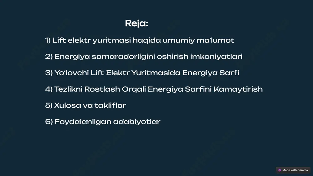 ytiradi. 3 regenerativ tormozlash tezlikni rostlash tizimi lift harakatidan hosil bo‘lgan energiyani qayta ishlashga imkon beradi, bu esa umumiy energiya sarfini kamaytiradi. 9 tezligi rostlanadigan elektr yuritma tarkibiy qismlari elektr motor tezligi rostlanadigan elektr motor liftning harakatini boshqaradi va uning tezligini rostlaydi. boshqaruv tizimi boshqaruv tizimi liftning tezligini, yo‘nalishini va to‘xtash nuqtalarini aniqlaydi. sensorlar sensorlar liftning holatini, tezligini va pozitsiyasini o‘lchab, ma'lumotlarni boshqaruv tizimiga uzatadi. 10 tezlikni rostlash usullari va tavsiya etiladigan diapazon chastotani rostlash elektr motorning chastotasini o‘zgartirish orqali liftning tezligini rostlash mumkin. tezlikni rostlash usullari tezlikni rostlashning boshqa usullari qatoriga vektor boshqaruvi, tormoz energiyasini qayta ishlash va ko‘p darajali tezlik rostlash kiradi. tavsiya etiladigan diapazon tavsiya etiladigan tezlik diapazoni liftning turi, harakat masofasi va ishlash sharoitlariga bog‘liq. 11 afzalliklari • energiyani tejash: tezlikni rostlash va regenerativ tormozlash texnologiyalari orqali umumiy energiya sarfi 20-50% gacha kamayadi. • liftning uzoq muddatli ishlashi: mexanik qismlarga tushadigan yukni kamaytirish natijasida liftning xizmat …