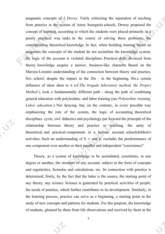 aching, the unity of theoretical. and practical components in a holistic account. schoolchildren's activities. such an understanding of s. t. and p. excludes the predominance of one component over another or their parallel and independent "coexistence". theory, as a system of knowledge to be assimilated, constitutes, to one degree or another, the structure of any account. subject in the form of concepts and regularities, formulas and calculations, etc. its connection with practice is determined, firstly, by the fact that the latter is the source, the starting point of any theory, any science. science is generated by practical. activities of people, the needs of practice, which further contributes to its development. similarly, in the learning process, practice can serve as a beginning, a starting point in the study of new concepts and patterns for students. for this purpose, the knowledge of students, gleaned by them from life observations and received by …