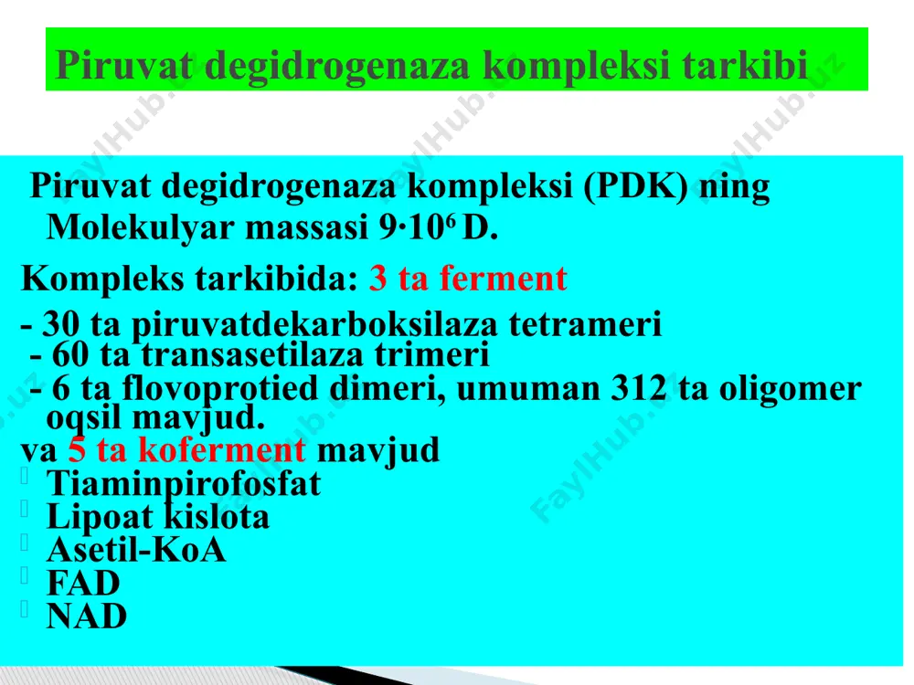 sitrat siklida oksidlanishi d) sitrat siklini nafas zanjiriga vodorodlarni etkazib berishi. 2. piruvatni va α-ketoglutaratni dekarboksillanishida qatnashadigan kofermentni toping. a) tgfk b) biotin c) tpf d) fmn 3. piruvatdegidrogenaza kompleksini joylashuvi? a) mitoxondriyaning ichki membranasida matriks tomonida b) mitoxondriyaning tashqi membranasini ichki tomonida c) mitoxondriyaning ichki membranani tashqi tomonida d) mitoxondriya matriksida testlar: 4. pirouzum kislotaning oksidlanib dekarboksillanishi bilan atsetil-koa hosil bo’lish jarayonini boshqaruvchi multiferment sistemaga mansub uch asosiy fermentni kursating: a. piruvatkinaza b. piruvatdegidrogenaza c. laktatdegidrogenaza d. digidrolipoilatsetiltransferaza e. enolaza f. digidrolipoildegidrogenaza 5. piruvatning oksidlanib dekarboksillanishini boshqaruvchi multifermentlarga taalluqli 5 ta kofermentni ko’rsating: a. glutation b. tpf c. tgfk d. lipoat e. fmn f. koenzim-a g. koenzim-q h. fad i. udf j. nad 6. piruvatdegidrogenaza kompleksiga murakkab birikkan 3 kofermentni ko’rsating: a. tpf b. lipoamid c. fad d. katalaza e. ubixinon f. sitoxrom testlar: 7. krebs sikli energetik funksiyani bajaradi. a. 1 molekula atsetil-koa ni krebs xalqasida oksidlanishi natijasida …