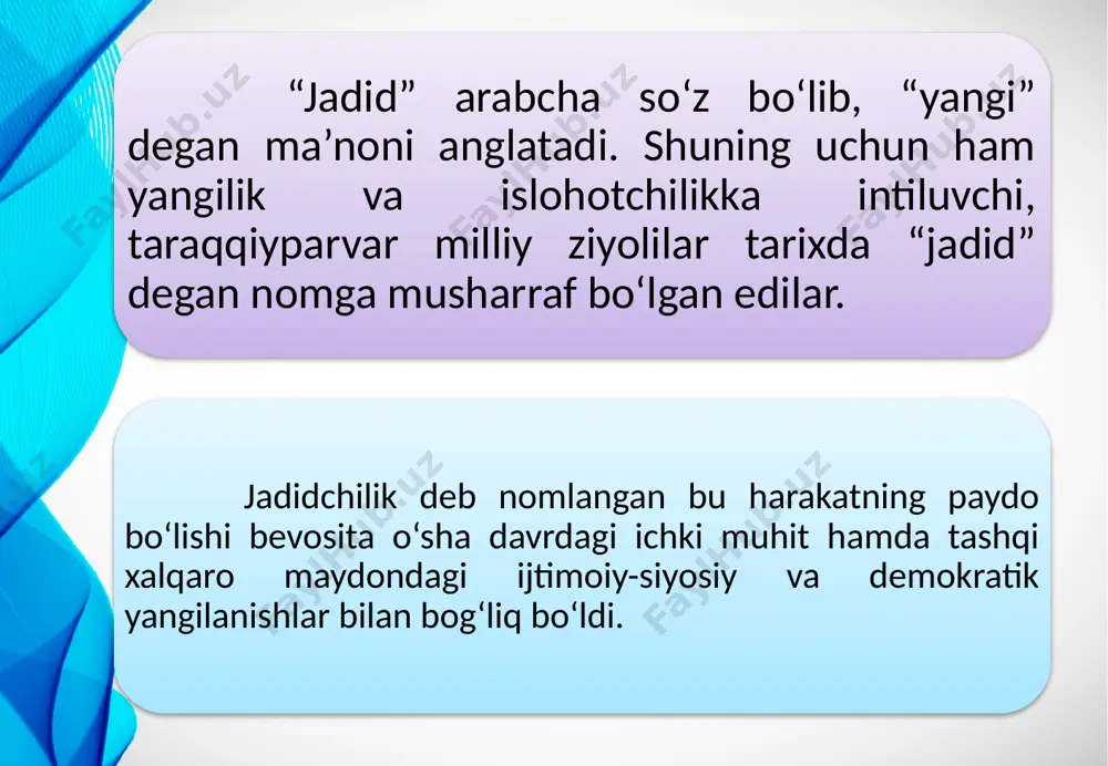 oschilari va rahnamolari hisoblanadi. samarqandda mahmudxo‘ja behbudiy, abduqodir shakuriy, said ahmad siddiqiy-ajziy, toshkentda munavvarqori abdurashidxonov, abdulla avloniy, ubaydullaxo‘ja asadullaxo‘jayev, buxoroda abdurauf fitrat, sadriddin ayniy, fayzulla xo‘jayev, farg‘ona vodiysida hamza hakimzoda niyoziy, obidjon mahmudov, abdulhamid cho‘lpon, is’hoqxon ibrat, xivada bobooxun salimov, polvonniyoz hoji yusupov va boshqalar edi. turkiston jadidchilik harakatining yirik namoyondalari jadidlar faoliyati jadidlar oliy ta’limga zamin yaratish uchun, jadid maktablarida dunyoviy ilmlar o‘qitildi, xorijga yoshlar o‘qishga yuborildi. oliy ta’lim dunyoviy hozirgi zamon oliy o‘quv yurti – universitetga asos solishga jadidlar faqat 1918 yilda musulmon xalq dorulfununini tashkil etish bilan muvaffaq bo‘ldilar. xalq maorifi умуман, жадидлар жуда қисқа вақт ичида бутунлай янги яъни, жадид халқ маорифи тизими яъни, ҳозирги замон халқ маорифи тизимига асос солдилар. jadidchilik harakatining ikkinchi bir muhim faoliyati milliy matbuot va jurnalistikasiga asos solish bo‘ldi. toshkentda ismoil obidiy “taraqqiy” (1906), munavvarqori abdurashidxonov “xurshid” (1906), abdulla avloniy “shuhrat” (1907), saidkarim saidazimboyev “tujjor” (1907), ahmadjon bektemirov “osiyo” (1908) ubaydullaxo‘ja …