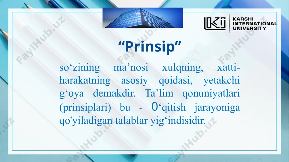 zli ko‘rsatmalilik - tovush obrazlarini ifodalash uchun ovozli vositalardan foydalanish. grammplastinkalar va magnitofon yozuvlarini eshitish, ovozli kino. 4. ramziy va grafik ko‘rsatmalilik - xaritalar, rejalar, sxemalar, chizma va diagrammalar. ular mavjud voqelikni shartli umumlashgan ramziy ko‘rinishda aks ettirish sababli fikrlashni rivojlantiradi. 2018--2019 «ta’lim tushunarli bo'lishi uchun, - deb uqtirgan edi abu rayhon beruniy, - o ‘qituvchi, albatta, yaqindan uzoqroqqa, ma’lumdan noma’ lumga qarab borishi lozim: ta ’lim doimiy ravishda bilimning to ‘planishiga, aniqlashuviga va iloji borishi takomillashuviga yetaklashi, shu orqali haqiqatni izlovchilar va bilimlarni sevadiganlarning hammasiga yordam berishi kerak». tushunarlilik prinsipi - o ‘quv materialini bolalarning yosh xususiyatlariga, muayyan bilimlarni o ‘zlashtirish imkoniyatlariga muvofiq yo'sinda bayon qilishdir. mustahkamlik prinsipi – ta’limning mustahkamligi o’rganilgan bilimlarning, shakllangan ko’nikma va malakalarning xotirada uzoq saqlanishini bildiradi. o’quvchilar o’zlashtirgan bilimlar mustahkam bo’lishi uchun: 1.o’qituvchi o’quv materialidagi asosiy fikrni ajratishi shart. 2.o’quv materialidagi asosiy fikr o’quvchi o’rganilgan masala bo’yicha biladigan g’oyaga bog’langan bo’lishi kerak. 3.bilimlar o’quvchilarning …