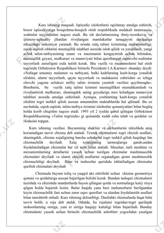 asida deyarli farq bolmagan. tasvirlar koz bilan chamalab qolda chizilgan. sharq miniatyuralaridagi uzoqdagi narsalar rasmi teparoqda, yaqindagi narsalar pastroq bir xil kattalikda tasvirlanadi. markaziy osiyo mintaqasidagi shahar va qishloqlarning paydo bolishi asrimizga kadar bir minginchi yillarning ortalariga togri kelsa, mahalliy uslubda memorchilik va dekorativ ishlarning ayrim sohalari asrimizga qadar iii asrga tog`ri keladi. ozbekiston hududida surxondaryo va boshqa viloyatlarda otkazilgan arxeologik qazilmalar shuni korsatadiki, asrimizdan avvalgi v-vi asrlarda markaziy osiyo bilan eron sosoniylari, vizantiya, hindiston va xitoy ortasida vujudga kelgan iqtisodiy va madaniy aloqalar natijasida amaliy sanatning rivojlana borishi oz ornida grafika taraqqiyotiga oz tasirini korsatdi. surxondaryo viloyati fayoztepa (i-ii asrlarda) dagi topilgan naqsh qoldiqlari, xorazmdagi tuproqqala zallari monumental naqshlar bilan bezatilganligi bizlarga arxeologik qazilmalardan malum. xi asr oxirida buxoro hukmdori ismolil samoniy davrida mustaqil feodal davlati tuzilib, fan, madaniyat, sanat va memorchilik rivojlandi. bular oz ornida grafikaning rivojlanishiga oz tasirini korsatadi. buxorodagi ulugbek, ismoil samoniy maqbarasi, kalon minorasi, samarqanddagi …