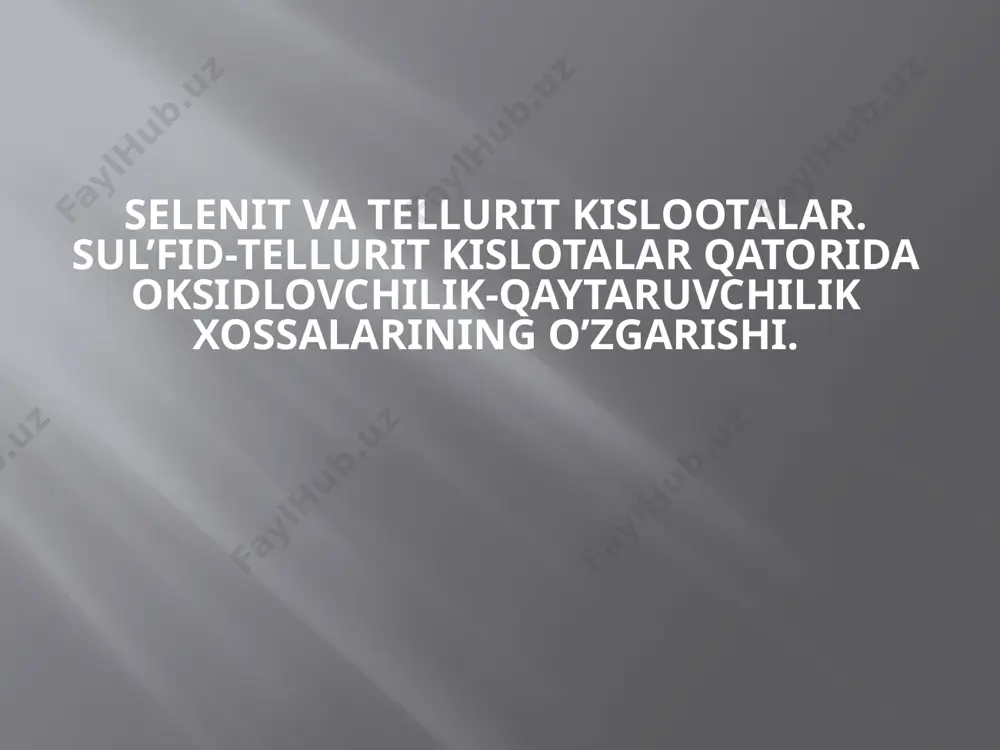 t. selen oʻz birikmalarida, asosan, —2, +2, +4 va +6 valentli. selen sulfat kislota va sellyulozaqogʻoz zavodlarining "balchiklaridan" va misni elektroliz yoʻli bilan tozalashda elektrolizyor tubiga choʻkadigan "balchikdan" olinadi. selen yer poʻstining massa jihatdan 6·10-5% ini tashkil qiladi. tabiatda selen doimo oltingugurt bilan birgalikda uchraydi. mis, rux, qo‘rg‘oshinning sulfidli minerallari tapkibiga kiradi. muhim minerallari jumlasiga kumush, qoʻrgʻoshin, simob va mis selenidlari agse —naumanit, pbse —klaustalit, hgse —timanit, cu2se —berselianit, hg(se, s) —onofrit va selenit kislotaning misli tuzi cuseo32h2o —xalkomyenit kiradi. selen jigarrang tusli toʻq kulrang modda. bir necha modifikatsiyasi bor. ulardan oddiy sharoitda eng barqarori kristall holdagi kulrang selen suyuqlanish temperaturasi 217°c , qaynash temperaturasi 685°c , zichligi 4,81 g/sm selenning eng ajoyib xususiyati shundaki, yorugʻlik nuri taʼsirida uning elektr oʻtkazuvchanligi keskin oʻzgaradi. selen metallmaslar jumlasiga kiradi; kimyoviy xossalariga koʻra, oltingugurtga oʻxshash, lekin faolligi oltingugurtnikidan past. selen oʻz birikmalarida, asosan, —2, +2, +4 va +6 valentli.selen sulfat kislota va sellyulozaqogʻoz …