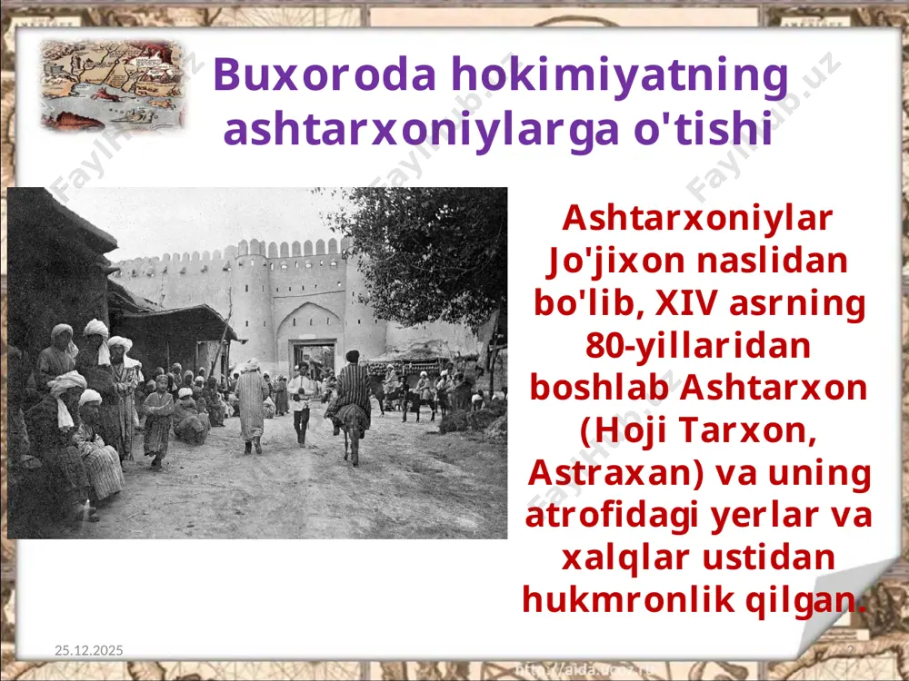 qlarga hujum qilib, toshkentni o'z tasarrufiga kiritdi. 22.06.2020 9 o'g'li iskandar sultonni toshkent hokimi etib tayinladi. iskandar sulton aholiga boj, xiroj va boshqa soliqlarni ko'paytirib, qattiq zulm o'tkazdi. imomqulihondan keyin taxtni egallagan nodir muhammad (1642-1645) davrida ijtimoiy-siyosiy tarqoqlik yana kuchaydi. 22.06.2020 10 xonning o'zi mamlakatning asosiy viloyatlarini mulk qilib 12 nafar o'g'li, 2 nafar jiyani va nabirasiga taqsimlab berdi. 1647-yilda shoh jahon o'g'illari balxni egallaydilar. nodir muhammad shoh abbos yordamida balxni qayta egallaydi. 22.06.2020 11 bu voqealardan tashvishga tushgan abdulazizxon ukasi subhonquli yetakchiligida balxga katta qo'shin yuboradi va 1651 yilda subxonquli balxni egallaydi va u balx hokimi etib tayinlanadi. uchinchi tomondan, xiva xoni anushaxon qo'shinlari hujum qilib, buxoro, karmana va vardonzeni egalladi, hatto samarqandni ham ishg'ol qildi. samarqandda anushaxon nomiga xutba o'qitilib, uning nomidan tanga pullar zarb etiladi. 22.06.2020 12 xiva xoni anushaxon subhonqulixon qatag'on urug'idan bo'lmish badaxshon hokimi mahmudbiy otaliq yordamida xiva qo'shinlarini samarqanddan quvib chiqarishga erishdi. 22.06.2020 13 …