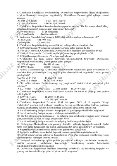 o‘zbekiston respublikasi tarixi bo'yicha test savollari — DOCX