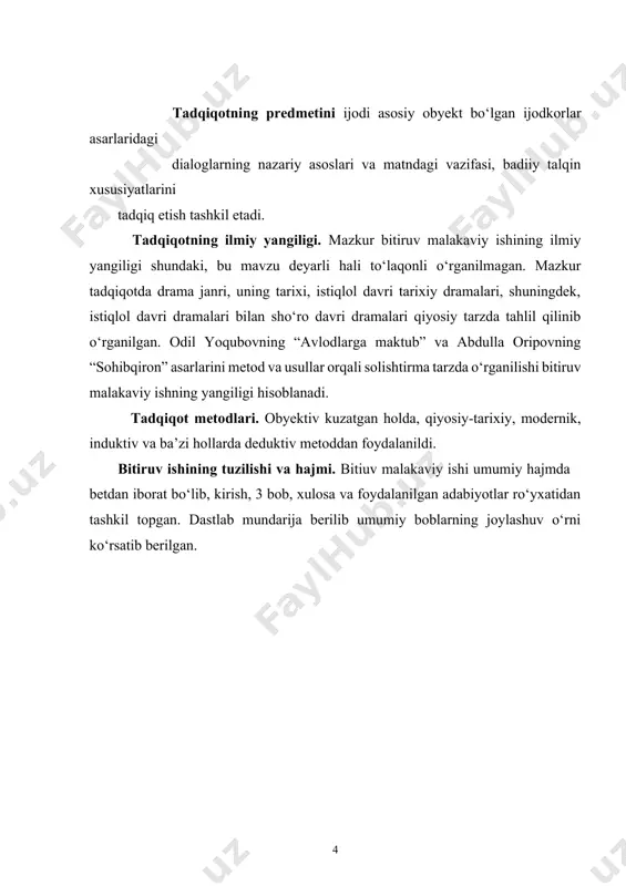 ajmda betdan iborat bo‘lib, kirish, 3 bob, xulosa va foydalanilgan adabiyotlar ro‘yxatidan tashkil topgan. dastlab mundarija berilib umumiy boblarning joylashuv o‘rni ko‘rsatib berilgan. i.bob. o‘zbek dramaturgiyasi va uning o‘rganilish tarixi 1.1. o‘zbek tarixiy dramaturgiyasining taraqqiyot bosqichlari o‘zbek dramaturgiyasining kelib chiqishi va taraqqiyotini o‘rganish uchun uning tarixi, kelib chiqishiga ta’sir etgan shart-sharoitlar, amaliyotlar va nazariyasining paydo bo‘lishi kabi komponentlarga e’tibor qaratish lozim. shunday bo‘lgach eng avvalo “dramaturgiya” so‘ziga berilgan ta’riflarni o‘rganish maqsadga muvofiq hisoblanadi. dramaturgiya so‘zi nimani anglatadi? bu so‘zning tub zamini nimadan iborat? o‘zbek tilinining izohli lug‘atida, “dramaturgiyani dramatik san’at, sahna asarining tuzilish tamoyillari va usullari haqida nazariya”[footnoteref:3], deyilsa, o‘zbekiston milliy ensiklopediyasida, “dramaturgiya – dramatik asarlar majmuasi, kino va spektakllarning obrazli talqini konsepsiyasi”, - degan ta’rif beriladi[footnoteref:4]. drama – lirika va eposni mujassam etuvchi tur. yunon adabiyotida epos va lirika uyg‘unlashuvi natijasida drama paydo bo‘lgan. eposda voqea asosiy o‘rin tutishi. lirikada sezgi – tuyg‘u, hissiyotlarni ifodalanishiga asoslangani, drama esa bu …