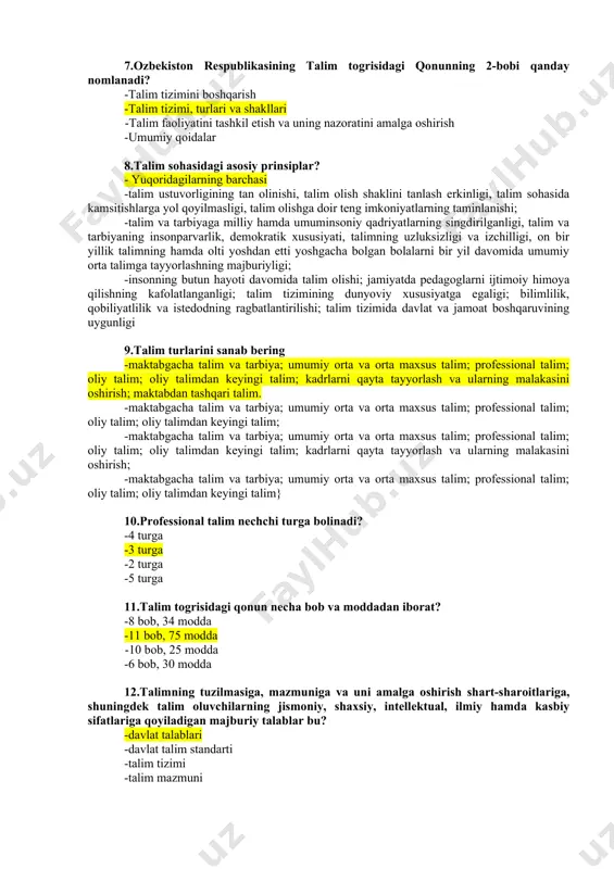 malarini shakllantirishga, qobiliyatini rivojlantirishga qaratilgan tizimli jarayon -aniq maqsadli hamda ijtimoiy-tarixiy tajriba asosida yosh avlodni har tomonlama kamol toptirishga, ularning ongini, ma�naviy-axloqiy qadriyatlar va dunyoqarashini shakllantirishga qaratilgan tizimli jarayon -o�qituvchi va o�quvchilar 6.ta�lim sohasidagi asosiy prinsiplar �ta�lim to�g�risida�gi qonunning nechinchi moddasida berilgan? - 10-moddasida - 6-moddasida - 8-moddasida - 4-moddasida 7.o�zbekiston respublikasining �ta�lim to�g�risida�gi qonunning 2-bobi qanday nomlanadi? -ta�lim tizimini boshqarish -ta�lim tizimi, turlari va shakllari -ta�lim faoliyatini tashkil etish va uning nazoratini amalga oshirish -umumiy qoidalar 8.ta�lim sohasidagi asosiy prinsiplar? - yuqoridagilarning barchasi -ta�lim ustuvorligining tan olinishi, ta�lim olish shaklini tanlash erkinligi, ta�lim sohasida kamsitishlarga yo�l qo�yilmasligi, ta�lim olishga doir teng imkoniyatlarning ta�minlanishi; -ta�lim va tarbiyaga milliy hamda umuminsoniy qadriyatlarning singdirilganligi, ta�lim va tarbiyaning insonparvarlik, demokratik xususiyati, ta�limning uzluksizligi va izchilligi, o�n bir yillik ta�limning hamda olti yoshdan etti yoshgacha bo�lgan bolalarni bir yil davomida umumiy o�rta ta�limga tayyorlashning majburiyligi; -insonning butun hayoti davomida ta�lim olishi; jamiyatda pedagoglarni ijtimoiy …