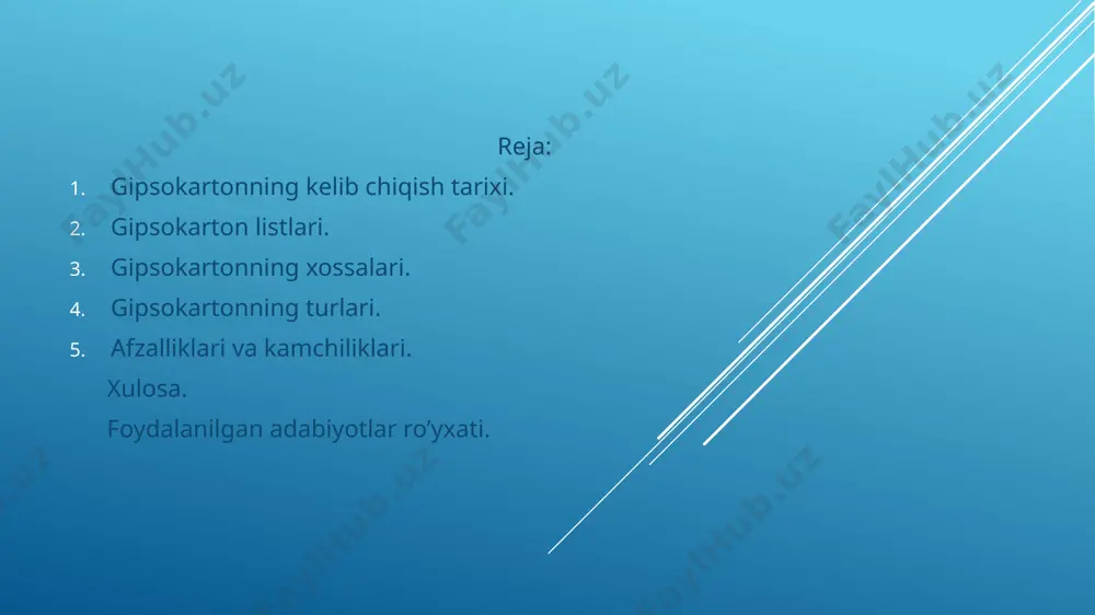 gil yuklamalar ostida qo'llaniladi. mustahkamlik ko'pincha kartonning sifatiga va gipsning zichligiga bog'liq. bukilishga 4-10 mpa, siqilishga 5-12mpa, siljishga 0,5-1mpa. yengil va oson ishlanadigan: gipsokarton yengil material bo'lib, uni o'rnatish va qayta ishlash juda oson. shuning uchun qurilish ishlarida tez va samarali ishlatiladi. gipsokartonning bu xususiyati uni keng tarqalgan va iqtisodiy jihatdan samarali qilishga yordam beradi. yong'inga chidamlilik: gipsokarton yuqori temperaturada yonishga qarshi chidamlilikka ega, chunki gipsning tarkibida suv bo'ladi, u isitilganda bug'lanib, o'zi yonish jarayonini sekinlashtiradi. gipsokartonning ochiq olovga bardoshliligi standart bo’yicha kamida 20 daqiqa bo’lishi lozim. gipsokartonning zichligi odatda 700-900 kg/m³ atrofida bo‘ladi. issiqlik o'tkazuvchanligi: gipsokarton issiqlik izolyatsiyasiga ega. uning issiqlik o'tkazuvchanlik koeffitsienti (λ) odatda 1 soatda 0.2-0.4 w/m· k ni tashkil qiladi. bu gipsokartonni issiqlikni o'tkazmaydigan material sifatida ishlatishda foydalidir, ayniqsa energiya tejamkorlik talab qilinadigan binolarda. o‘lchamlar va qalinlik: gipsokartonning o‘lchamlari va qalinligi odatda quyidagicha bo‘ladi: uzunligi 2000-4000 mm, kengligi 600-1200 mm, qalinligi 6,5; 8; 12,5; va 24 …