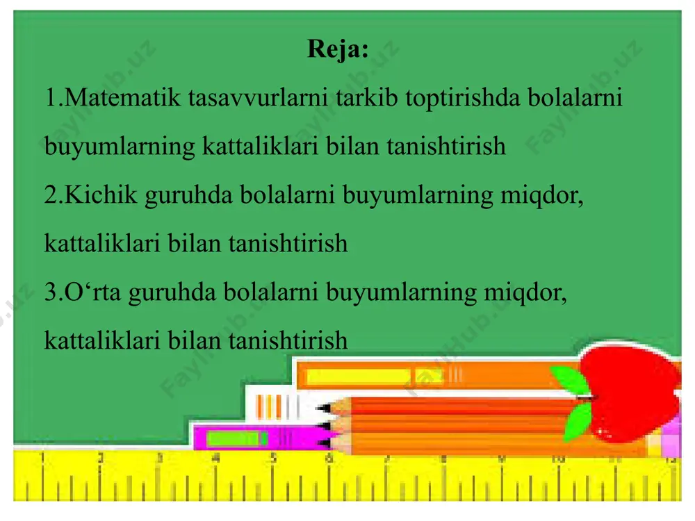 kichiklikning boshqa belgilarini hali ajrata olmaydilar. “katta” yoki “kichik” degan umumiy nom ostida narsalarning eni, uzunligi, balandligi, qalinligiga tegishli bo‘lgan barcha narsa tushiniladi. shunday qilib, narsalar turli o‘lchamlarini ajratishda bolalar qiynaladilar. bolalar sonlarni taqqoslash mobaynida katta-kichik haqidagi tushunchalarni oson o‘zlashtiradilar. katta maktabgacha yoshdagi bolalar aniq narsalarni taqqoslab, ularning o‘lchamlarini ajratishlari mumkin, lekin bu har bir narsaning o‘lchamini alohida holda ajrata olmaydilar. m: bolalar narsaning yuqori tekisligini ko‘pincha undan balandligi deb biladilar, uzunligi o‘rniga esa odatda narsa balandligini yoki uning enini ko‘rsatadilar. image1.png image2.png