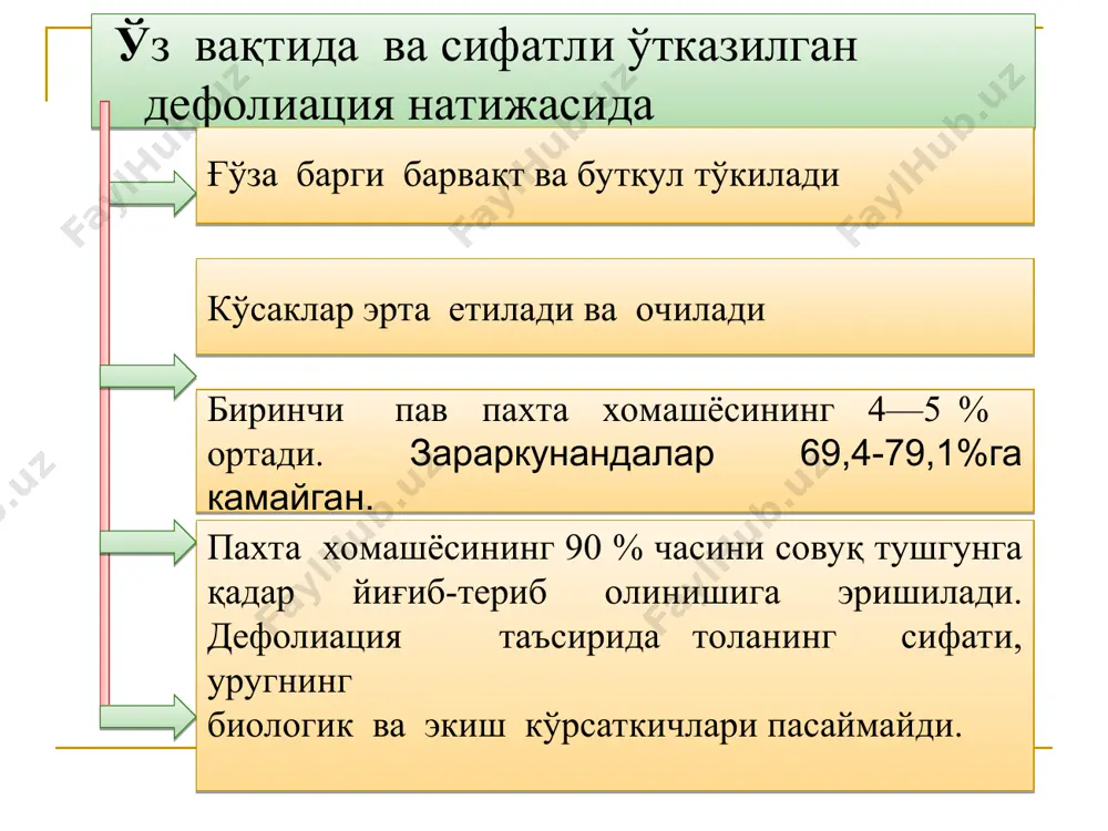 ўлиқ пишиб етилганда пуркалади 5,0-15,0 + минерал ўғит ғўза дефолиация десикация ўрта толали ғў-заларда 55-60% ингичка толали ғўзаларда 60-65% кўсак очилганда аммофос, карбамид, аммиакли селитра каби минерал ўғитлар аралаштириб пуркалади ўсимликни ўсиш ва ривожланишини бошқарувчи эндоген моддалар- фитогормонлар. улар ўсимликлар томонидан ишлаб чиқарилади. барча хаётий жараёнларни бошқаради. м: ўсиш, гуллаш, қишки тиним даврга кириш, уйғониш каби. улардан бошқа ҳеч қандай агротехник тадбир ёки модда уларни ўрнини боса олмайди, ўсимликдаги физиологик жараёнга таъсир кўрсата олмайди. ўсимликларни ўсиш ва ривожланишини бошқарувчи моддалар табиий фитогормонлар табиий фитогормонлар 5 гуруҳдан иборат. улар ўсимликни ўзида ҳосил бўлиб, ўсиш ва ривожланишини бошқаради. аналоглари фитогормонларнинг сунъий аналоглари 40 йилдан буён қишлоқ ҳўжалигида қўлланиб келинмоқда. 5000 га яқин физиологик моддалар яратилган. қишлоқ ҳўжалигида 1% қўлланилади. фитогормонлар – ўсимликларни ўсиш гормонлари. fitohormonlar tabiiy metabolizm jarayonida hosil bo'lgan moddalardir va kichik miqdorda fiziologik jarayonlarni muvofiqlashtiruvchi tartibga soluvchi ta'sir ko'rsatadi. shu munosabat bilan, tabiiy o'sish regulyatorlari atamasi ko'pincha ularga nisbatan qo'llaniladi. …