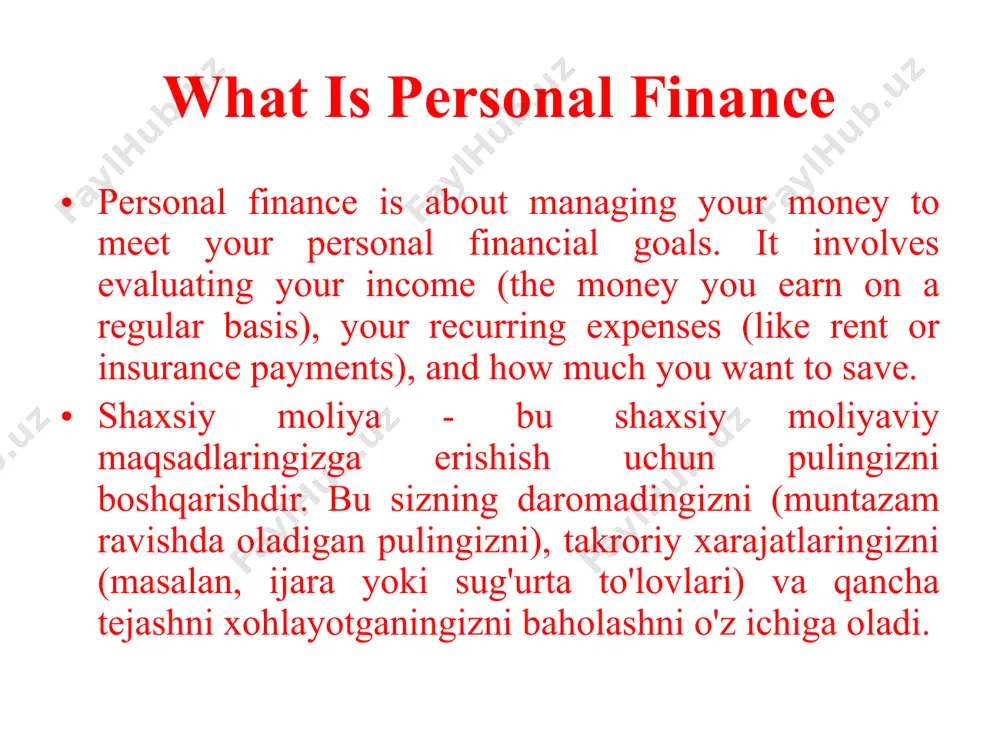. investments require proper analysis of potential risks and returns. protection: insurance offers financial security to individuals—health insurance, motor insurance, life insurance, product insurance, etc. daromad: bu jismoniy shaxslar yoki oilalar tomonidan olingan pul tushumlari yoki daromadlarini anglatadi - ish haqi, ish haqi, komissiya, bonus, pensiya, ijara, foyda, dividendlar va boshqalar. xarajatlar: bu oylik xarajatlarni anglatadi - ijara, sayohat, kommunal xizmatlar, ipoteka to'lovlari, soliqlar va dam olish. tejamkorlik: bu xarajatlar va investitsiyalardan keyin qolgan pulni anglatadi. investitsiya: moliyaviy o'sish uchun jismoniy shaxslar foydali aktivlarga - qimmatli qog'ozlarga, obligatsiyalarga sarmoya kiritadilar, investitsiya fondlari va muddatli depozitlar. investitsiyalar potentsial risklar va daromadlarni to'g'ri tahlil qilishni talab qiladi. himoya: sug'urta jismoniy shaxslarga moliyaviy xavfsizlikni taklif qiladi - sog'liq sug'urtasi, avtoulov sug'urtasi, hayot sug'urtasi, mahsulotni sug'urtalash va boshqalar. what is the first rule of personal finance?- shaxsiy moliyaning birinchi qoidasi nima? know how much money comes into your accounts each month, and manage how …