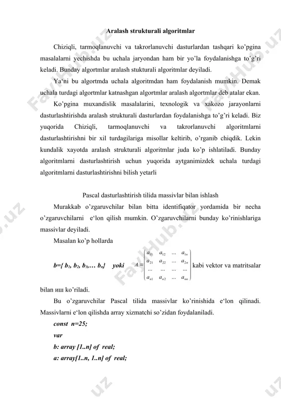 r b: array [1..n] of real; a: array[1..n, 1..n] of real; massivlarni e‘lon qilish jarayonida ko’rinib turibdiki, bir xil o’zgaruvchilar (yozuvlar) qaytarilishi uchramoqda. bu noqulayliklarni bartaraf etish maqsadida pascal tilida o’zgaruvchilarning (massivlarning) turi degan tushuncha kiritiladi. masalan: type vec=array[1..n] of real; matr=array[1..n, 1..n] of real; var b,c: vec; x,y,z: matr; o’zgaruvchilarning turi yordamida foydalanuvchining o’zi ham mustaqil ravishda yangi o’zgaruvchilar turini kiritishi mumkin. massivlar bilan ishlashga quyidagi misolni keltiramiz. misol: quyidagi formula orqali a matritsaning elementlarini aniqlang: ; program massiv(input,output); var a:array[1..3, 1..3] of real; i, j: integer; begin for i:=1 to 3 do for j:=1 to 3 do begin a[i,j]:=ln(abs(i+j*j*j))/sqrt(i*i*i+j); writeln(‘a(‘, i, ’,’ ,j, ’)=’, a[i,j]); end; end. protsedura va funktsiyalar pascal dasturlash tilida protsedura va funktsiyalardan foydalaniladi. pascal tilidagi protsedurani beysik tilidagi qism dasturga kiyoslash mumkin. dastur tuzishda ba‘zan bir xil hisoblashni, kattaliklarning turli qiymatlari uchun bir necha marta takrorlab yozishga to’g’ri keladi. bunday hollarda shu takrorlanuvchi hisoblashni …