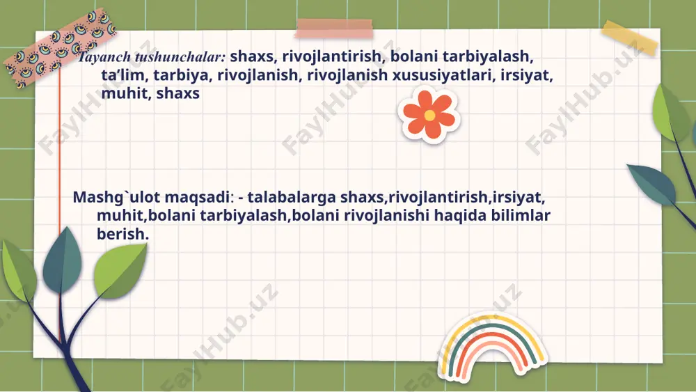 alarning maktabgacha yoshning oxiriga borib erishgan rivojlanish darajasi ular bilan olib boriladigan ta’lim-tarbiya ishini murakkablashtirish imkonini beradi. ijtimoiytarixiy tajribani o‘zlashtirish faol ish jarayonini beradi. faollik bolaga xos xususiyatdir. tarbiya jarayonida- faollik asosida faoliyatning har xil turlari shakllanadi. “uch og‘ayni botirlar” ertagi faoliyat turlar buyumlar bilan bo‘ladigan faoliyat o‘quv faoliyati oddiy mehnat faoliyati munosabatda bo‘lish faoliyati bilish faoliyati o‘yin faoliyat “ 2. shaxsning rivojlanishiga ta’sir etuvchi omillar shaxsni shakllantirish tarbiya jarayonida ro‘y beradi, inson tarbiyasi uning xalq baxt-saodati yo‘lidagi bunyodkorlik mehnatida, ijtimoiy hayotda, sotsial-iqtisodiy vazifalarini hal etishda namoyon bo‘ladi. maktabgacha ta’lim-tarbiyani tashkil etishga yetakchi omil deb qaraydi, chunki bu to‘plangan ijtimoiy tajribani yetkazish uchun yosh avlodga ta’sir ko‘rsatishning maxsus uyushtirilgan sistemasidir. u oilada, bolalar bog‘chasida, maktabda, mehnat jamoalarida amalga oshirilib, turmushni, faoliyatni, muomalani tashkil etishga qaratilgandir. shaxsni shakllantiruvchi omillar irsiyat nishonalari tarbiya ijtimoiy muhit . shaxsni shakllantirishga muhit (ijtimoiy va tabiiy muhit) katta ta’sir ko‘rsatadi. ijtimoiy muhit shaxsni rivojlantirishda ustun ahamiyatga …