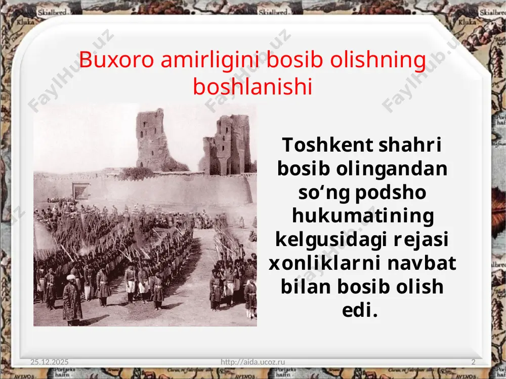 tish to‘g‘risida ko‘rsatma berildi. 20.08.2020 http://aida.ucoz.ru 10 n. krijanovskiy rossiya imperiyasining o‘rta osiyodagi harbiy harakatlari rejasiga ko‘ra qo‘qon xonligining taqdiri 1866-yildayoq hal qilinib, xo‘jandda qo‘qonga qarshi hamma narsa tayyor holatga keltirilgan edi. 20.08.2020 http://aida.ucoz.ru 11 qo‘qonga qarshi yurishga boshchilik qilish uchun n. krijanovskiyning o‘zi keldi. 20.08.2020 http://aida.ucoz.ru 12 u buxoro amirining vakili bilan sulh shartnomasi bo‘yicha uchrashib, 10 kun mobaynida 100 ming rubl tovon to‘lashni talab qildi. 1866-yilning kuzida 6 ming piyoda askar, 500 kazak, 28 to‘p, 600 arava va 800 ta kerakli tuyadan iborat harbiy qo‘shin o‘ratepaga qarab harakat boshladi. 20.08.2020 http://aida.ucoz.ru 13 rossiya imperiyasining harbiy qo‘shinlari o‘ratepani egallagan-dan so‘ng, 12-oktabrda navbatdagi harakat jizzaxga qarshi boshlandi. 20.08.2020 http://aida.ucoz.ru 14 to‘xtovsiz otishmalar natijasida shahar devorlari vayron qilinib, ikki kecha-kunduz davom etgan jangdan so‘ng 1866-yil 18-oktabrda jizzax shahri ham podsho hukumati qo‘liga o‘tdi. 20.08.2020 http://aida.ucoz.ru 15 image2.jpeg image3.jpeg image4.jpeg image5.jpeg image6.jpg image7.jpeg image8.jpeg image9.jpeg image10.jpeg image11.jpeg image12.jpeg image13.jpeg image14.png image15.jpeg image16.jpg …