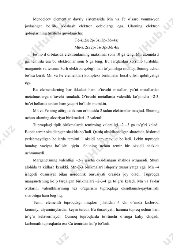 rinda kislorod, kremniy, alyuminiylardan keyin turadi. bu õususiyati, hamma tuproq uchun ham to’g’ri kelavermaydi. qumoq tuproqlarda to’rtinchi o’ringa kaliy chiqadi, karbonatli tuproqlarda esa ca temirdan ko’p bo’ladi. temirning yer po’stidan o’rtacha miqdori 5,1% bo’lsa, ba’zi rudalarda 50-60% bo’ladi. hatto sof tugma temir ham uchraydi. sof tug’ma temirning genezisi meteoritlarga olib boradi. temir ko’pchilik birlamchi gili minerallarni kristall panjaralariga kiradi. temir gidroksidlar, sulfidlar, fosfatlar, korbanatlarni hosil qila oladi. temir ko’pchilik silikatlar tarkibiga ham kiradi. temir va uning birikmalari tuproq hosil bo’lish jarayonida faol funktsiyalarni ijro etadi. temir olivin, amfibollar, aktinolit, epidot, granat va boshqalar tarkibiga kiradi. qisman biotit, vermikulit, glakuonit va boshqalar tarkibida ham uchraydi. temirning oksid va gidroksidlari qatoriga getit a-feooh, lepidokrokit – feooh, ferrgidrit 5fe2o3·9h2o, gematit a-fe2o3, magnetit fe3o4, magemit fe2o3, va boshqalar kiradi. magemit magnetitning oksidlanishidan hosil bo’ladi. tuproqda yangi hosil bo’lgan, cho’kib qolgan fe(oh)3 va uning analoglari kristallanmagan hollarda bo’ladi. temirning oksid va gidroksidli minerallari tuproqni qattiq …