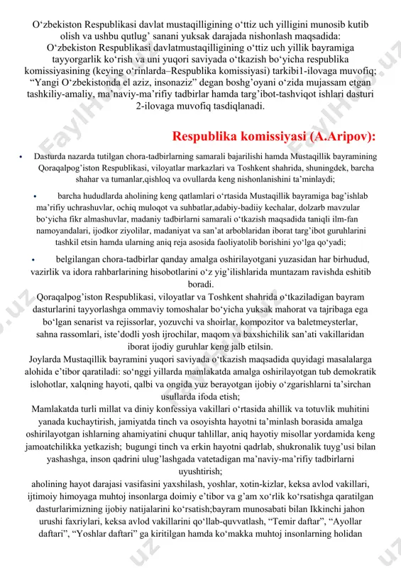 r tahlillar, aniq hayotiy misollar yordamida keng jamoatchilikka yetkazish; bugungi tinch va erkin hayotni qadrlab, shukronalik tuyg’usi bilan yashashga, inson qadrini ulug’lashgada vatetadigan ma’naviy-ma’rifiy tadbirlarni uyushtirish; aholining hayot darajasi vasifasini yaxshilash, yoshlar, xotin-kizlar, keksa avlod vakillari, ijtimoiy himoyaga muhtoj insonlarga doimiy e’tibor va g’am xo‘rlik ko‘rsatishga qaratilgan dasturlarimizning ijobiy natijalarini ko‘rsatish;bayram munosabati bilan ikkinchi jahon urushi faxriylari, keksa avlod vakillarini qo‘llab-quvvatlash, “temir daftar”, “ayollar daftari”, “yoshlar daftari” ga kiritilgan hamda ko‘makka muhtoj insonlarning holidan xabarolish,ularga beg’araz yordam berish bilan bog’liq xayriya tadbirlarini amalga oshirish.xalqimizdagi saxovatpeshalik, ijtimoiy himoyaga muxtoj, yakka-yolg’iz, boquvchisini yo‘qotgan kishilarni har tomonlama qo‘llab-quvvatlash singari insoniy fazilatlar turli bayram va qutlug’ sanalar arafasida yaqqol namoyon bo‘lmoqda. mustaqillik ayyomiga tayyorgarlik doirasidagi savob va xayrli tadbirlar ham bundan mustasno emas. bayram shukuhi mahalla fuqarolar yig’inlaridagi “temir daftar”, “ayollar daftari”, “yoshlar daftari ” ga kiritilgan ham yurtlarimiz qalbini o‘ziga xos shodu–xurramlik bilan qamrab olishi o‘z–o‘zida nayon. qolaversa prezidentimiz qaroridagi asosiy bandlarning birida …