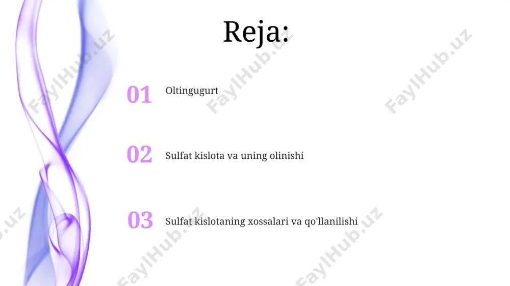 ologiyalar qo'llaniladi, bunda 98% li kislota 20°c da suv bilan aralashtiriladi. sulfat kislotaning suv bilan reaksiyasi juda ekzotermik bo'lib, 1 litr suvga 100 ml konsentrlangan sulfat kislota qo'shilganda 140°c gacha qizishi mumkin, bu esa xavfsizlik choralari talab qilinadi. sulfat kislotaning kimyoviy xossalari sulfat kislota suv bilan reaksiyaga kirishganda, katta miqdorda issiqlik ajralib chiqadi (taxminan 880 kj/mol), shu sababli, kislotani suvga qo'shish kerak, aks holda kuchli qaynash va portlash xavfi mavjud. bu reaksiya ekzotermik reaksiya bo'lib, butun dunyo bo'ylab kimyoviy laboratoriyalarda o'rganiladi. sulfat kislotaning kuchli oksidlovchi xossasi, ayniqsa, konsentrlangan holda, misni 100°c da eritishi va oltingugurt dioksidini hosil qilishi bilan namoyon bo'ladi, bu jarayon esa, qizdirilganda tezlashadi. oltingugurtning kimyoviy xossalari oltingugurtning suvda eruvchanligi juda past, 20°c da atigi 12 mg/l atrofida, ammo u ba'zi organik erituvchilarda, masalan, uglerod disulfidda yaxshi eriydi. oltingugurtning reaksiyaga kirishish qobiliyati haroratga bog'liq; yuqori haroratlarda, masalan, 445°c da, u kislorod bilan reaksiyaga kirishib, oltingugurt dioksidini hosil qiladi. …