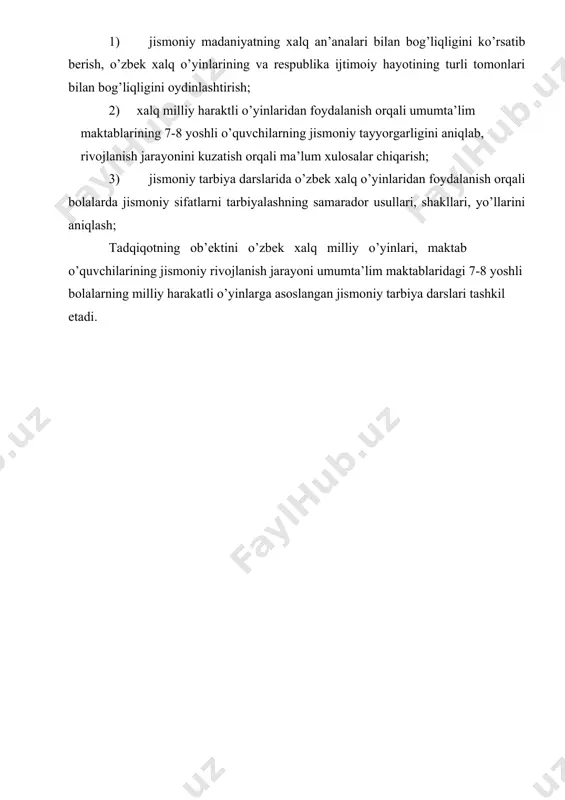 2002 yil 24 oktyabrdagi pf-31-54 sonli “o’zbekiston bolalar sportini rivojlantirish jamg’armasini tuzish” to’g’risidagi farmonni (8) va uni bajarish tadbirlariga suyangan holda yangi usullarni tashkil qilish va o’tkazish maqsadga muvofiqdir. ushbu ishlar samarali bajarilishi uchun bolalarning eng kichik yoshidan boshlab milliy o’yinlar vositasi bilan jismoniy salomatlik “poydevorini qurish” ni amalga oshirish mumkin. o’zbekiston respublikasida jismoniy madaniyat va sportni rivojlantirish to’g’risida kadrlar tayyorlashdagi oqilona tizim g’oyat muxim ahamiyatga ega. shu bois respublikamizda jismoniy madaniyatning maqsad va vazifalari hukumatning hamda respublika madaniyat va sport ishlari vazirligining qarorlarida kelib chiqqan holda amalga oshiriladi. respublikada amalga oshiralayotgan jismoniy madaniyatning o’z oldiga qo’ygan maqsadi sog’lom, ruhan tetik va bunyodkor insonni hayotga tayyorlashdan iborat. bu maqsad respublikada jismoniy madaniyat bilan shug’ullanuvchi barcha muassasa tashkilotlar uchun zaruriy vazifadir. o’zbekiston respublikasi prezidenti sh. mirziyayev “biz sog’lom avlodni tarbiyalab yetkazishimiz kerak. sog’lom kishi deganda faqat jismoniy sog’lomlikni emas, balki sharqona odob-axloq va umumbashariy g’oyalar ruxida kamol topgan insonni tushunamiz”, - …