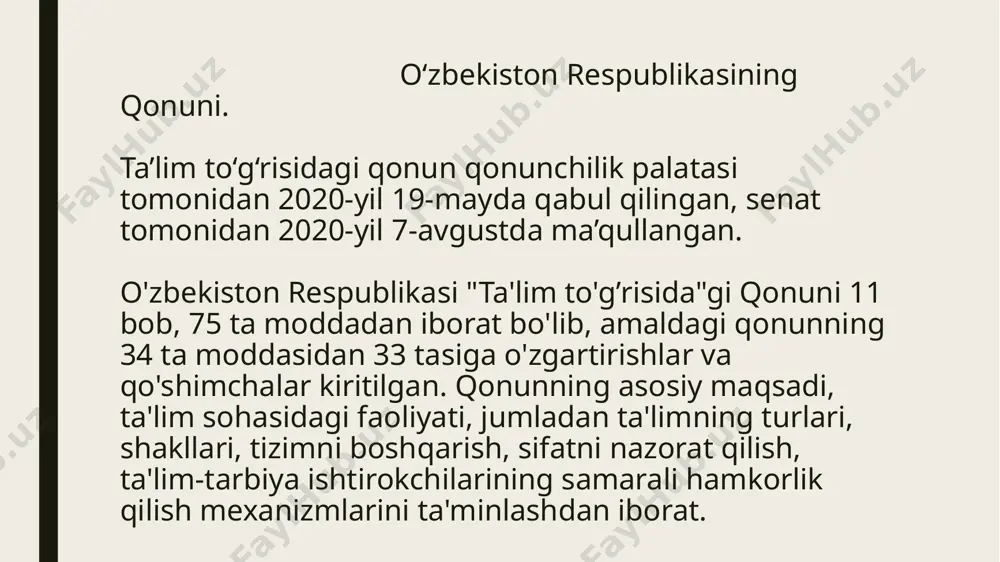onlari bo'lgan shaxslarni o'qitish uchun shart-sharoitlar yaratilishiga e’tibor qaratishi kerak. shuningdek pedagoglar tibbiy ko’rikdan o’z vaqtida o’tishlari shart. pedagog xodimlarga pedagogik faoliyatni amalga oshirishda axloq va etika normalariga zid harakatlar sodir etish taqiqlanadi. e’tiboringiz uchun raxmat! image1.png image2.png image3.png image4.png image5.png /docprops/thumbnail.jpeg
