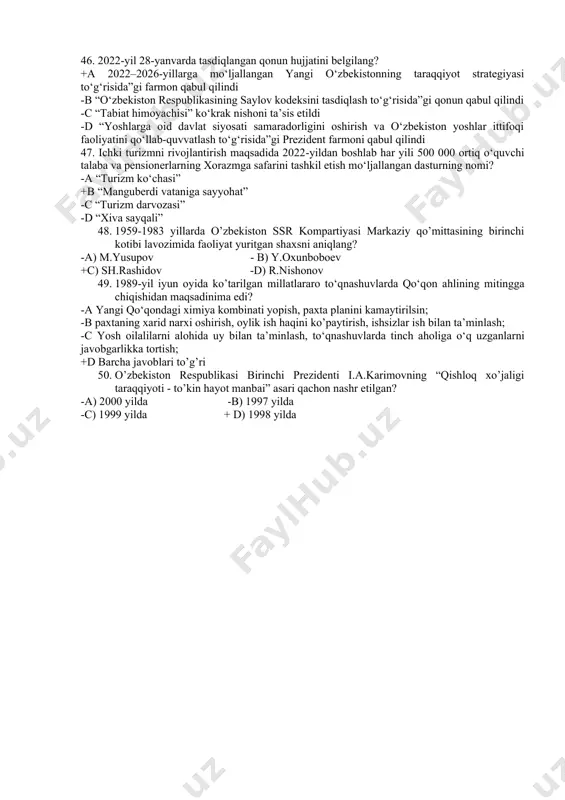 rizm xabiga aylantirish +d hamma javoblar to’g’ri 34. 2021-yilning 15-aprel holatiga ko‘ra, fuqarolari uchun o‘zbekiston respublikasida vizasiz rejim joriy qilingan mamlakatlar soni nechtaga yetdi? +a 90 tani tashkil qiladi -b 88 tani tashkil qiladi -c 70 tani tashkil qiladi -d 16 tani tashkil qiladi 35. o’zbekiston prezidenti tashabbusi bilan qayta tiklangan “ipak yo’li durdonasi” xiii-toshkent xalqaro kinofestivali doirasida konferensiya qachon tashkil etildi? -a 2021-yil 10-sentyabr – 4-oktyabr kunlari +b 2021-yil 28-sentyabr - 3-oktyabr kunlari -c 2022-yil 22-sentyabr – 28-sentyabr kunlari -d 2022-yil 18-sentyabr – 23-sentyabr kunlari 36. «ayollar daftari»ga quyidagi qaysi toifadagi xotin-qizlar kiritiladi? -a 30 yoshdan oshgan xotin-qizlar, ijtimoiy himoyaga muhtoj ishsiz xotin-qizlar -b tadbirkorlik qilish istagida bo‘lgan ehtiyojmand xotin-qizlar, boquvchisi bo‘lmagan ehtiyojmand xotin-qizlar, ijtimoiy yordamga muhtoj i va ii guruh nogironligi bo‘lgan, shuningdek, tezkor tibbiy muolajaga muhtoj ehtiyojmand xotin-qizlar -c uy-joyga muhtoj ehtiyojmand xotin-qizlar, qaramog‘ida nogironligi bo‘lgan farzandi mavjud ehtiyojmand xotin-qizlar +d hamma javoblar to’g’ri 37. soliqlar va …