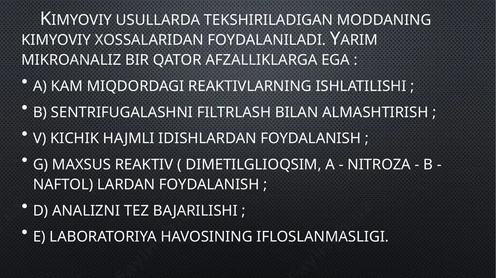 lmaydi. agar eritmada fe3+ va cu2+ ionlari bo'lsa, ular hpo42- lar ta'siridan po43- lar hosil qilib cho'kadi. agar eritmaning ph qiymati 4-5 bo'lishi ta'minlansa, cu feni cho'ktirishga xalaqit berolmaydi. sentrifugalash. makroanalizda cho'kmalarni eritmalardan ajratish uchun filtrlanadi, yarimmikroanalizda ko'pincha sentrifugalanadi. sentrifugada markazga intilma kuch cho'kma zarrachalarini probirka tubiga toʻplaydi, buning natijasida cho'kma probirkaning toraytirilgan qismida zich qavat hosil qilib tez yig'iladi va eritma butunlay tiniq boʻlib qoladi. sentrifugalash tamom boʻlgach, eritma pipetka yordamida boshqa idishga olinadi. pipetkaning rezina naychasini barmoqlar orasida qisib turib, choʻziq uchi eritmaga chuqurroq botiriladi, qisib turilgan rezina naychani sekin - asta bo'shatib, eritma pipetkaga olinadi. moddalarning eruvchanliklari har xil bo'lishi bizga ma'lum. ayrim moddalar kislotali muhitda, ayrimlari neytral, boshqalari ishqoriy muhitda cho'kadi. eritmaning ph qiymatini turli usullar yordamida boshqarish orqali ajratiladigan moddalarni tegishli ph qiymatlarida cho'ktirish mumkin. bunda moddalarning turli ph qiymatlaridagi eruvchanliklaridan foydalaniladi. jadvalda ayrim gidroksidlarning cho'kishiga ph qiymatlarining ta'siri tasvirlangan. ph metall ioni 11 mg …
