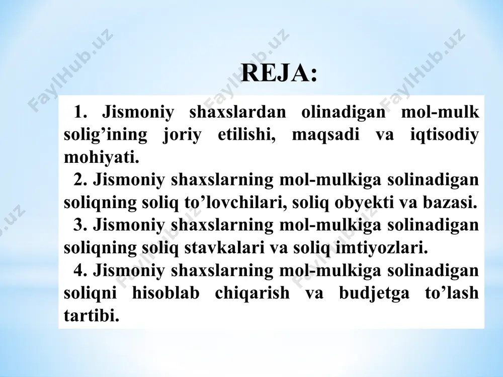 imoratlari; 2) tadbirkorlik faoliyati va daromad olish uchun mo’ljallangan yashash uchun mo’ljallanmagan ko’chmas mulk ob’ektlari; 5 o’zbekiston respublikasi hududida joylashgan quyidagi mol-mulk jismoniy shaxslardan olinadigan mol-mulk solig’ining soliq solish ob’ekti hisoblanadi. 3) qurilishi tugallanmagan yashash uchun mo’ljallanmagan ob’ektlar. qurilishi tugallanmagan yashash uchun mo’ljallanmagan ob’ektlarga ushbu ob’ektni qurishga doir loyiha-smeta hujjatlarida belgilangan normativ muddatda qurilishi tugallanmagan ob’ektlar, agar qurilishning normativ muddati belgilanmagan bo’lsa, ushbu ob’ektning qurilishiga vakolatli bo’lgan organning ruxsatnomasi olingan oydan e’tiboran yigirma to’rt oy ichida qurilishi tugallanmagan ob’ektlar kiradi; 4) ko’p kvartirali uylarga uzviy bog’liq bo’lgan avtomashina turar joylari, shuningdek boshqa imoratlar, binolar va inshootlar. 6 ko’chmas mulkka bo’lgan huquqlarni davlat ro’yxatidan o’tkazuvchi organ tomonidan belgilanadigan soliq solish ob’ektlarining kadastr qiymati soliq bazasi hisoblanadi. soliqni hisoblab chiqarish maqsadida soliq bazasi qirq ikki million so’mdan kam bo’lishi mumkin emas. jismoniy shaxslarning mol-mulkini baholash bo’yicha vakolatli organ tomonidan aniqlangan soliq solish ob’ektining bahosi mavjud bo’lmagan taqdirda, mol-mulkning shartli qiymati toshkent va …