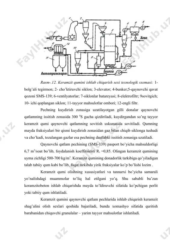 it (1-rasm) bo’lak-bo’lak, g’ovakli material bo’lib, gil xom ashyoning ko’mir bilan aralashmasidan iborat granul (donador) larni qovushishi xom ashyo tarkibidagi ko’mirning yonishi hisobiga sodir bo’ladi va bir yo’la massasi bo’rtadi. agloporitni tayyorlashda nam gilli xom ashyo maydalangan ko’mir bilan aralashtiriladi, donador qilinadi va aglomeratsion qurilmaga yuboriladi. aglomeratsiyaning davom etishi 25-45 minut. agloporitning g’ovakli engil palaxsasi sovitilgandan keyin maydalanadi va bo’lakchalarga ajratiladi. agloporit mayda toshining zichligi 300-1000 kg/m3, mustahkamligi 0,3-3 mpa. tarkibidagi yonib ulgurmagan ko’mir miqdori ortadi 3% dan oshmaydi, bu esa engil betonlar uchun to’ldirgich sifatida ishlatishga qulaylik yaratadi. 13-rasm. agloporit xomashyo materiallar keramzit olishda yaroqli gil xomashyosi hamma joyda uchramaydi. kuydirganda ko’pchimaydigan kamplastikli, qumoqlangan gilli jinslar suglinok tabiatda keng tarqalgan. bu jinslardan boshqa sun’iy g’ovak to’ldiruvchi –agloporit ishlab chiqarishda foydalaniladi. agloporit ishlab chiqaruvchi korxonalarda asosiy xomashyo materiallar sifatida gilli jinslar ishlatiladi. agomeratsiya uchun yaroqli gilli jinslar (suglinok, supess, lyosslar) respublikamiz xududida ko’p uchraydi, shu sababli mahalliy xomashyolar asosida agloporit …