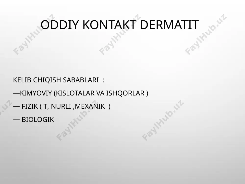 adir budir uchoq suvlanadi seroz quduqchalar ham yiringchalar bor nummular exema mikrobli exema ekzema seboreyali olib keluvchi faktorlar seboreya ,neyroendokrin uzgarishlar joylashishi : boshning soch qismi ,peshana , quloq orqasi . kurak qafasi .kuraklar orasida .oyeq qullar bukiladigan joyda .giperemiya fonida yeglik sargish qaloqlar ,tangachalar paydo buladi на волосистой части головы на фоне сухой гиперэмированной кожи возникает большое количество серых отрубевидных чешуек, серозных желтых корок, после снятия которых обнажается мокнущая поверхность границы очагов четкие, волосы склеены seboreyali exema bolalar exemasi chin,seboreyali ,mikrobli exemaning alomatlari kuzatiladi . simmetrik chegarasi noaniq тeri giperemiyalangan ,shishgan mikrovezikulalar ,quduqchasimon suvlanish ,sargish jigarrang qaloqlar , тangachalar ,tugunchalar professional exema shikastlanadi : kaftlarni yezuvchi soni qullar , yuzi,buyni boldir va tovonlar kamroq jarayen uchoqlari : giperemiyalashgan shishgan pufakchalar bor, suvlanish , qichishish . kasbga aloqador exema tashhis quyish asoslari klinik manzarasi аnamnez gistologiya differencial tashhis allergik dermatit тoxidermiya пsoriaz mikoz davolash kompleks davo neyroendokrin buzilishlarni davolash infeksiya …