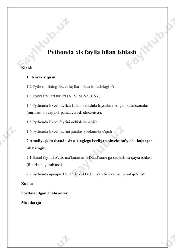 yatini taqdim etadi. · xlrd va xlwt: bu kutubxonalar eski excel formatlari (.xls) bilan ishlash uchun mo‘ljallangan edi, ammo hozirgi kunda openpyxl va pandas kabi kutubxonalar keng tarqalgan. pythonda excel fayllari bilan ishlash uchun bir nechta vositalar mavjud va ularning har biri ma'lum bir vazifalar uchun qulaydir. agar siz asosiy o‘qish va yozish operatsiyalarini bajarish kerak bo‘lsa, pandas kutubxonasi eng qulay va tezkor variantdir. agar siz excel fayllarini murakkab tarzda manipulyatsiya qilish yoki o‘zgartirishni xohlasangiz, openpyxl kutubxonasi yordamida yanada ko‘proq imkoniyatlarga ega bo‘lishingiz mumkin. 1.2 python tilining excel fayllari bilan ishlashdagi o'rni. python excel fayllari bilan ishlashda juda qulay va samarali vosita bo'lib, bir nechta kutubxonalar yordamida ma'lumotlarni o'qish, yozish, tahrir qilish, analiz qilish va vizualizatsiya qilish mumkin. quyida python va excel o'rtasidagi ishlashning asosiy yo'llari va kutubxonalari keltirilgan: 1. pandas pandas kutubxonasi excel fayllari bilan ishlashda eng keng tarqalgan va qulay vositadir. pandas yordamida excel fayllarini o'qish va yozish, …