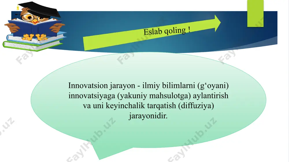 ardan samarali foydalanish uchun bozorlarni kengaytirishni o‘z ichiga oladi. ochiq innovatsiyalar nazariyasi ilmiy-tadqiqot jarayonini ochiq tizim sifatida belgilaydi. kompaniya nafaqat o‘zining ichki rivojlanishi orqali, balki boshqa tashkilotlar bilan hamkorlikda yangi g‘oyalarni jalb qilishi va yangi mahsulot bilan bozorga kirishi mumkin. yopiq va ochiq innovatsiyalar tamoyillarini taqqoslash yopiq va ochiq innovatsion komponiyalarning asosiy xususiyatlari yopiq innovatsion kompaniyalarning asosiy xususiyatlari: 1) asosan o‘z g‘oyalari; 2) ishchilarning kam harakatchanligi; 3) oz miqdordagi shovqin kapitali; 4) kuchsiz boshlang‘ich kompaniyalarning nisbatan ozligi, 5) universitetlarning o‘z faoliyatidagi ahamiyati yo‘qligi. ochiq innovatsion kompaniyalarning asosiy xususiyatlari: 1) juda ko‘p tashqi g‘oyalar; 2) ishchilarning yuqori harakatchanligi; 3) venchur kapitalni faol jalb qilish; 4) ko‘plab yangi kelgan kompaniyalar; 5) universitetlar bilan faol hamkorlik. nazorat savollari: 1. innovatsion jarayonning mohiyati hamda innovatsion jarayonning ikkita asosiy bosqichini tavsiflab bering. 2. innovatsion jarayonning uchta shakli, ularning asosiy farqlari. 3. diffuziyaning mohiyati nimada? 4. innovatsion jarayon modeli “texnologik surish” gipotezasining mohiyati, uning xususiyatlari. 5. …