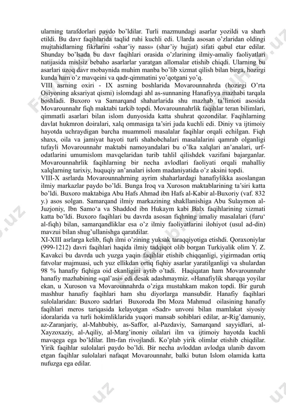 om shofi‘iy nomi bilan mashhur muhammad ibn idris ash-shofi‘iy (151-179/767-804) nazariy jihatdan birlashtirgan. u shofi‘iy mazhabining asoschisi bo’lib, «al-umm» nomli asar muallifidir. ahmad ibn hanbal. keyinchalik «as-salafiyyun»lar oqimi tarafdori bo’lib ahl as-sunnaning to’rtinchi imomi deb e’tirof etiladigan imom ahmad ibn hanbal (164-241/781-855) o’z faoliyatini olib bordi. u hanbaliy mazhabining asoschisidir. imom ahmad ibn hanbal «al-musnad» asarining muallifidir. buyuk mujtahidlar davrida yuqorida zikr etilgan mujtahidlar nomi bilan bog’liq asosiy sunniy huquqiy mazhablar paydo bo’ldi va o’z ta’limotini shakllantirdi. taqlid davri. x-xii asrlarga kelib fiqh ilmi o’zining rivojlanish tarixida keyingi bosqich, ya’ni «taqlid davri»ga o’tdi. bu davr fiqh ilmi avvalgi davrlar an’anasi ta’siri ostida rivojlanib, yuksak bir maqomga erishgan vaqtga to’g’ri keladi. yuqoridagi davrlardan ma’lum bo’lgani kabi, buyuk mujtahidlar vujudga keldilar, ularning tarafdorlari paydo bo’ldilar. turli mazmundagi asarlar yozildi va sharh etildi. bu davr faqihlarida taqlid ruhi kuchli edi. ularda asosan o’zlaridan oldingi mujtahidlarning fikrlarini «shar’iy nass» (shar’iy hujjat) sifati qabul etar …