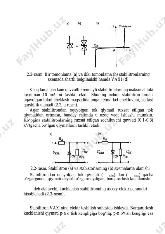 ataluvchi, kuchlanish stabilitronning asosiy elektr parametri hisoblanadi (2.3-rasm). stabilitron vaxining elektr teshilish sohasida ishlaydi. barqarorlash kuchlanishi qiymati p-n o‘tish kengligiga bog‘liq, p-n o‘tish kengligi esa diod baza sohalaridagi kiritmalar konsentratsiyasi bilan aniqlanadi. agar stabilitron tayyorlashda kiritmalar konsentratsiyasi yuqori bo‘lgan yarimo‘tkazgichlardan foydalanilsa, p-n o‘tish kengligi yupqa bo‘lishiga erishiladi. bunday p-n o‘tishlarda tunnel teshilish sodir bo‘ladi va ishchi kuchlanishi 3-4 v dan oshmaydi. 2.3-rasm. stabilitron vaxi stabilitron asosidagi sodda parametrik kuchlanish stabilizatori sxemasi 2.2-rasmda keltirilgan. sxemadagi chegaralovchi (ballast) qarshilik rb qiymati berilgan kirish kuchlanishi da stabilitron orqali o‘tayotgan tok qiymati min va max toklarning taxminan o‘rta qiymatiga teng bo‘ladigan qilib – stabilizatsiya tokining elektr teshilish sodir bo‘ladigan minimal qiymati. max tok qiymati stabilitron sochishi mumkin bo‘lgan (ruxsat etilgan) maksimal quvvat rmax bilan aniqlanadi. kirish kuchlanishi ortganda yoki yuklama qarshiligi ryu ortishi hisobiga yuklama toki kamayganda, stabilitron orqali o‘tayotgan tok qiymati keskin ortadi. natijada rb ballast qarshilikda kuchlanish pasayishi ortadi. kirish kuchlanishining ortgan …