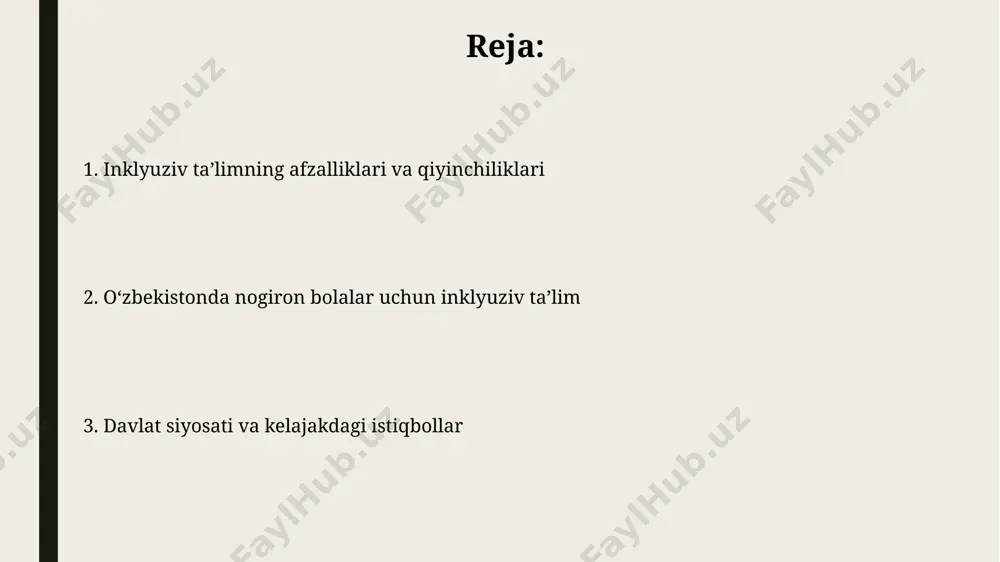 shi, samarali inklyuziyani ta'minlash uchun muhim hisoblanadi. o'zbekiston maktablarida inklyuziya darajasini oshirish uchun, qo'shimcha ravishda 10 mingdan ortiq maxsus pedagog va logopedlarni tayyorlash bo'yicha milliy dastur ishlab chiqilishi zarur. inklyuziv ta'limda qo'llaniladigan texnologiyalar va usullar tabletlar va kompyuterlar yordamida 10 dan ortiq turdagi interaktiv o'quv dasturlari va onlayn resurslar inklyuziv ta'lim jarayoniga faol integratsiya qilinmoqda. inklyuziv ta'limda o'quvchilarning individual ehtiyojlarini aniqlash uchun 5 dan ortiq diagnostik testlar va baholash usullari qo'llanilmoqda, shu jumladan, adaptiv texnologiyalar ham. nogiron bolalar uchun qo'shimcha qo'llab-quvvatlash xizmatlari nogiron bolalarga qo'shimcha yordam sifatida, 2023 yilda 500 dan ortiq maktabda inklyuziv ta'limni qo'llab-quvvatlash uchun maxsus o'quv resurslari va texnologiyalar taqdim etildi. qo'shimcha qo'llab-quvvatlash xizmatlari doirasida, 30 dan ortiq tuman va shaharlarda 100 dan ko'proq defektolog va surdopedagog mutaxassislar ishlaydi, ular individual ta'lim rejalari bilan ishlaydi. inklyuziv ta'limga oid davlat siyosati va qonun hujjatlari davlat tomonidan moliyalashtiriladigan inklyuziv ta'lim dasturlari soni 2022-yilda 15% ga o'sgan bo'lib, bu bolalarga …