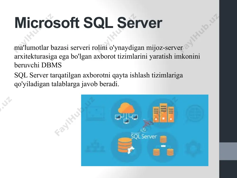 b'ektlardan foydalanadi: vazifalar ( ishlar ), operatorlari , hodisalar ( ogohlantirishlar ). ob'ektlarni boshqarish uchun turli xil vositalardan foydalanishingiz mumkin: sql server enterprise manager yordam dasturi, transact-sql tili operatorlari va sql - dmo dasturlash interfeysi . mssearch to'liq matnli qidiruv deb ham ataladi , u server ma'lumotlar bazasi jadvallarida ramziy ma'lumotlarni qidirish uchun ishlatiladi. foydalanib , siz nafaqat oʻzingiz izlayotgan soʻz va iboralarni, balki maʼno va imlo jihatidan ularga yaqin soʻz va iboralarni ham topishingiz mumkin. fe’l va otlarning flektiv shakllarini xizmatdan foydalaniladi: maxsus to'liq matnli kataloglar ; to'liq matnli indekslar , asosiy ma'lumotlardan alohida saqlanadi, ular serverning ishlashi davomida yangilanadi. ma'lumotlar bazasi ma'muri to'liq matnli qidiruv fayllarini yangilash uchun vaqt oralig'ini rejalashtirishi va ularni zaxiralash va tiklashni amalga oshirishi kerak. msdtc operatsiyalarning bajarilishini nazorat qilish uchun ishlatiladi . zarurati ole db texnologiyasini qo'llab-quvvatlaydigan bir nechta ma'lumotlar manbalari bilan bir vaqtning o'zida ishlashda paydo bo'ladi . bunday manbalar relyatsion dbms, …