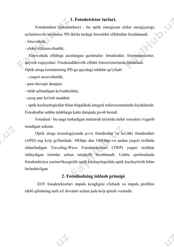 ptik nurlanish elektr signaliga (oqimga) aylanadi. orqaga teskari kuchlanish manbai sifatida 3v lityum xujayra (bir yoki bir nechtasi) ishlatiladi, agar yuqori kuchlanish zarur bo'lsa, tashqi batareyalar ulanadi. har bir foto detektori chiqadigan sma yoki bnc ulagichi bilan jihozlangan. fotodetektorni osiloskopga ulash uchun yuk qarshiligini 50 ohm ga o'rnatish kifoya. deyarli barcha foto detektorlar fc-ga mos keladi va optik tolali yorug'lik manbalariga mos keladi. 3.transimpedans kuchaytirgichli fotodetektorlar ushbu fotodetektorlar, shuningdek, pin-fotodiod texnologiyasiga asoslangan, ammo ayni paytda yuqori tezlikda transimpedans kuchaytirgichi bilan jihozlangan. kuchaytirgichlar tufayli fotodetektorning sezgirligi oshadi - qurilma 100 nvt quvvatga ega nurlanishni aniqlaydi. asosan transimpedans kuchaytirgichi bo'lgan fotodetektorlarda daromad 26 db ni tashkil qiladi. shuni ta'kidlash kerakki, ushbu fotodetektorlar o'zgaruvchan tok bilan bog'langan, pastki uzilish chastotasi 30 khz. pulse kengligi o'lchovi / q-o'zgaruvchan lazer manbalarini impuls profilini vizualizatsiya qilish rejimli qulflangan lazerlarning chiqishini kuzatish tashqi modulyatsiya bilan diod lazerlari va cw (yoki impulsli) lazer manbalarining keskin modulyatsiyasini ingl impulsli …