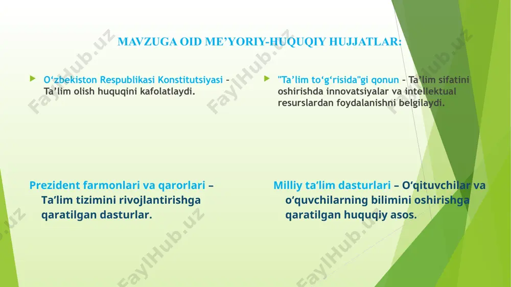 o‘rtasidagi bilim va tajriba almashinuvini kuchaytirish. nomoddiy resurslardan yanada samarali foydalanish uchun quyidagi takliflar ilgari suriladi. nomoddiy resurslardan samarali foydalanish uchun amalga oshiriladigan chora-tadbirlar rejasi t/r muammo muammoning yechimini amalga oshirish mexanizmi mas’ullar muddati kutilayotgan natija 1 ta`limda innovatsion texnologiyalarning yetarlicha qo`llanilmasligi. o‘qituvchilar uchun metodik qo‘llanmalar yaratish maktab rahbariyati va fan o’qituvchilari o‘quv yili davomida o‘qituvchilar malakasi oshadi, o`qitish sifati yaxshilanadi, xalqaro mutaxassislar yetishib chiqadi. 2 zamonaviy texnologiyalardan foydalanishda o`qituvchilarning malaka darajasi belgilangan standartlar darajadan pastroq. intellektual tanlovlar va ilmiy-amaliy konferensiyalar tashkil etish maktab rahbariyati va fan o’qituvchilari o‘quv yili davomida o‘quvchilarning ta’lim sifati oshadi va zamonaviy kasblarga moslashishi tezlashadi. 3 pedagoglar akt dan yetarli darajada foydalana olmaydi. elektron ta’lim platformalaridan keng foydalanish . maktab rahbariyati va fan o’qituvchilari o‘quv yili davomida bitiruvchilar mehnat bozoriga tayyor bo`ladi. yosh mutaxassislarning bandlik darajasi ortadi. * *