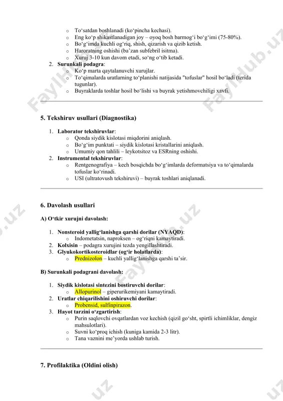 z va esrning oshishi. 2. instrumental tekshiruvlar: · rentgenografiya – kech bosqichda bo‘g‘imlarda deformatsiya va to‘qimalarda tofuslar ko‘rinadi. · usi (ultratovush tekshiruvi) – buyrak toshlari aniqlanadi. 6. davolash usullari a) o‘tkir xurujni davolash: 1. nonsteroid yallig‘lanishga qarshi dorilar (nyaqd): · indometatsin, naproksen – og‘riqni kamaytiradi. 2. kolxisin – podagra xurujini tezda yengillashtiradi. 3. glyukokortikosteroidlar (og‘ir holatlarda): · prednizolon – kuchli yallig‘lanishga qarshi ta’sir. b) surunkali podagrani davolash: 1. siydik kislotasi sintezini bostiruvchi dorilar: · allopurinol – giperurikemiyani kamaytiradi. 2. uratlar chiqarilishini oshiruvchi dorilar: · probensid, sulfinpirazon. 3. hayot tarzini o‘zgartirish: · purin saqlovchi ovqatlardan voz kechish (qizil go‘sht, spirtli ichimliklar, dengiz mahsulotlari). · suvni ko‘proq ichish (kuniga kamida 2-3 litr). · tana vaznini me’yorda ushlab turish. 7. profilaktika (oldini olish) · ovqatlanish rejimini saqlash: · purin saqlovchi mahsulotlarni cheklash. · hayot tarzi: · muntazam jismoniy faollik. · spirtli ichimliklardan voz kechish. · dori vositalari: · risk guruhi uchun allopurinol profilaktik …