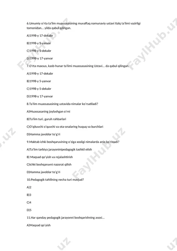 kli qo‘llaniladi? a)2 b)3 c)4 d)5 13.ta'lim muassasasining jamoatchilik boshqaruv organi... a)pedagogik kengash b)kasaba uyushmasi c)metodik kengash d)jamoa 14. ta'lim muassasasi hujjatlari necha yil davomida ta'lim muassasasida saqlanadi? a)2 b)3 c)4 d)5 15.pedagogik kadrlar attestatsiyasi necha yilda bir marta tashkil etiladi? a)2 b)3 c)4 d)5
