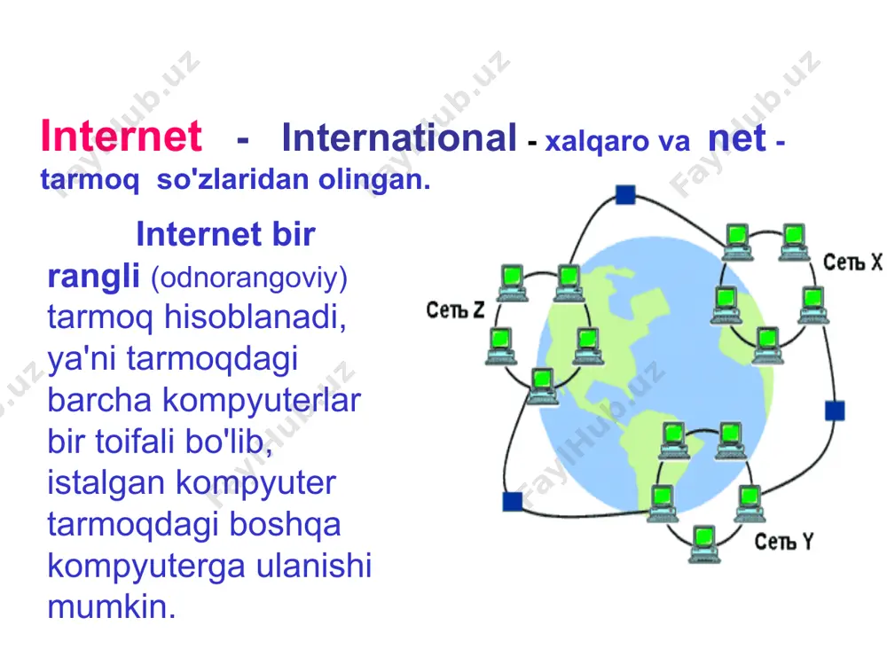 otokol://server_adresi/katalog_nomi/fayl_nomi lokal hisoblash tarmog'ini internet tarmog'iga ulash usuli internet provayder  foydalanuvchi kompyuteri    aloqa ulsuli bog'lanish qurilmalari tizim dasturini tanlash va sozlash lht variant 1 variant 2  telefon liniyasi orqali aloqa     telefon liniyalari foydalanuvchi provayder modem modem kliyentlar va protokollar outlook express telnet telnet netmeeting chat internet explorer kliyentlari: protokollar: foydalanuvchi kompyuteri www http brauzer gopher gopher ftp ftp e-mail smtp,pop3 yangiliklar nntp tcp/ip xost ip-adreslari       server 194.84.93.10 kliyent 194.84.95.4 server 194.84.95.1 kliyent 194.84.93.1 kliyent 194.84.95.2 kliyent 194.84.95.3 internetning boshqa serverlari va kliyentlari domenlarni shakllashtirish 1 – sath domeni admin.it.tuit.uz (it domenidagi administrator xosti ) uz com  ibm znanie tuit it firma                  3 – sath domeni xost 2 – sath domeni it.tuit.uz (it, tuit, o'zbekiston) domeni web-sahifa elementlari …