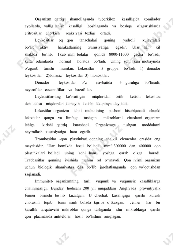 a tabbiy immunitet paydo bo’ladi. yurak organizmda nasos funksiyasini bajaradi. yurak va qon aylanish sistemasiga yurak, arteriyalar venalar kapilyar kiradi. yurakdan qon olib ketuvchi tomirlar arteriyalar yurakga qon olib keluvchi qon tomirlar vena qon tomirlar deyiladi. qon qon tomirlarida harakatlanar ekan murrakkab yo’lni katta va kichik qon aylanish doiralarini bosib o’tadi. katta qon aylanish doirasi yurakning chop qorinchasidan boshlanib butun tanani qon bilan taminlab, yurakning o’ng bo’machasiga venoz qon sifatida qo’llanadi. kichik qon aylanish doirasi yurakning o’n qorinchasidan o’pka arteriyasi bilan boshlanib o’pkaga boradi, tarmqlanib o’pka hujayralari bilan gaz almashinib yurakning chap bo’machasiga quyiladi. ona qornidagi emirion tug’ulguncha kichik qon aylanish doirasi funksiyalanmaydi. ona qoni homila qoni bilan aralashmaydi. zomilaga moddalar almashinuvi yo’ldosh orqali sodir bo’ladi. yurakning har bir bo’lagi ikki kameradan bo’lmacha va qorinchalardan tashkil topgan. shunday qilib yurak to’rt kameradan iborat. adabiyotlar: 1. sodiqov k.s. “o`quvchilar fiziologiyasi va gigiyenasi” t. o`qituvchi 1992 yil. 2. galperin s.n. “bolalarning fiziologik …