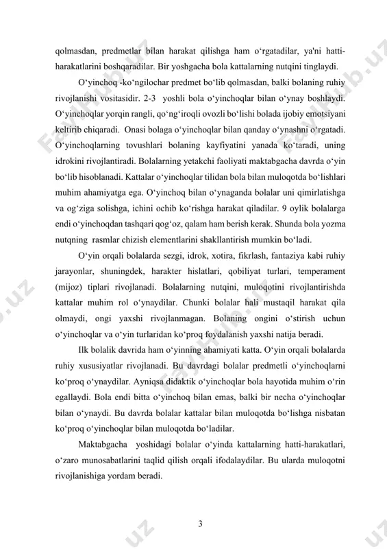 yinchoq bilan emas, balki bir necha o‘yinchoqlar bilan o‘ynaydi. bu davrda bolalar kattalar bilan muloqotda bo‘lishga nisbatan ko‘proq o‘yinchoqlar bilan muloqotda bo‘ladilar. maktabgacha yoshidagi bolalar o‘yinda kattalarning hatti-harakatlari, o‘zaro munosabatlarini taqlid qilish orqali ifodalaydilar. bu ularda muloqotni rivojlanishiga yordam beradi. kichik maktab yoshidagi o‘quvchilarda o‘yin faoliyati o‘ziga xos harakterga ega. ular ko‘proq harakatli, sport harakteridagi o‘yinlarni o‘ynaydilar. o‘yin orqali o‘quvchilar bir-birlari bilan muloqotda bo‘ladilar. o‘smirlarda, ayniqsa, 5-6- sinf o‘quvchilarida o‘yinga bo‘lgan ehtiyoj saqlanib qoladi. tanaffus paytlarida, darsdan bo‘sh vaqtlarida o‘smirlar o‘yin faoliyati bilan ham shug‘ullanadilar. ularda o‘yin orqali muloqot shakllari rivojlanadi. umuman o‘yin faoliyati bolalar hayotida muhim o‘rin egallaydi. naslimiz davomchilarini nafaqat jismonan baquwat, balki ma’naviy boy, yangi davr talabiga javob beradigan, muloqot jarayonida erkin fikr yuritadigan qilib tarbiyalash hozirgi kunning dolzarb muam- molaridandir. «ta’lim to'g'risida» gi qonun, «kadrlar tayyorlash milliy dasturi» da shaxsning erkinligi, mustaqil fikrlash qobiliyatini shakllantirish, muomala madaniyatini tarkib toptirishga birlamchi e’tibor qaratilgan. shunday ekan, o'smir yoshlarni …