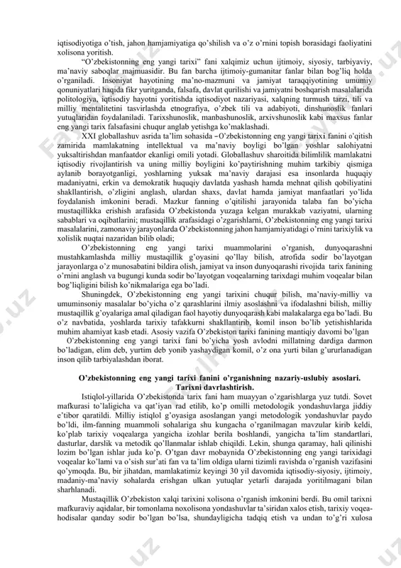 xining turli xalqlar, tamaddunlar tutashgan eng qaynoq chorrahalaridan biri sifatida butun insoniyat tarixining shakllanishiga ma’lum darajada ta’sir etib bordi. shu bilan birga, ajdodlarimiz hayotida boshqa xalqlar sivilizatsiyasining ham ta’siri bо’ldi. xalqimizning davlatchilik tajribasi ham boy va qadimiy. о’zbekiston hududida dastlabki mustaqil davlat tuzilmalari bundan salkam 3000 yil muqaddam (mil.avv. 1 ming-yillik boshlarida) paydo bо’lib, о’tgan ming-yilliklar davomida takomillashib, dunyo davlatchiligi rivojiga munosib hissa qо’shib keldi. bugungi mustaqil о’zbekiston davlati xalqimizning ming-yillik davlatchiligining tarixiy vorisi – davomchisidir. о’zbekistonnning eng yangi tarixi fani ushu mustaqil о’zbekiston davlatining zarvorli tarixini о’rganuvchi fandir. mamlakatimizning 1991-yildan keyingi mustaqillik davri xalqimiz qadimiy tarixining uzviy va tadrijiy qismi hisoblanadi. chunki aynan shu tarixiy sanadan о’zbek xalqining davlatchilik tarixi yangi bir bosqichga kirdi. о’zbekistonning eng yangi tarixi deb ataladigan mazkur davr vatanimiz tarixiga tub ijtimoiy-siyosiy va ma’naviy-madaniy о’zgarishlar, asriy orzularimizning rо’yobi, buyuk kelajak va farovonlik jamiyatini qurish davri bо’lib kirdi. hayotimiz va tafakkurimizda rо’y berayotgan о’zgarishlarni tahlil qilish, …