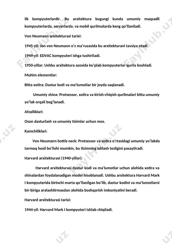 arxitekturasidan foydalanadi. cisc va risc tarixi: 1970-1980-yillar: cisc va risc arxitekturalarining rivojlanish davri. 1990-yillar va hozirgi davr: risc arxitekturasi mobil qurilmalarda keng qo‘llaniladi. mimd va simd arxitekturalari: mimd (multiple instruction, multiple data) va simd (single instruction, multiple data) arxitekturalari parallel hisoblash uchun mo‘ljallangan. gpular va superkompyuterlar simd yoki mimd arxitekturalarini qo‘llaydi. arxitektura, zamonaviy kompyuterlarda muhim va ajralmas rol o'ynaydi, chunki u kompyuter tizimlarining ishlashini ta'minlash uchun zarur bo'lgan barcha asosiy elementlarni tashkil qiladi. kompyuter arxitekturasi, kompyuter tizimlarining dizayni, tuzilishi va ishlash prinsiplari bilan bog'liq bo'lib, bugungi kunda u bir nechta asosiy jihatlarni o'z ichiga oladi: 1. markaziy protsessor (cpu) arxitekturasi: cpu arxitekturasi, ma'lumotlarni qayta ishlashning qanday amalga oshirilishini belgilaydi. bugungi kunda kompyuterlarda x86-64 (intel va amd protsessorlari) va arm (ko'plab mobil qurilmalar va ba'zi serverlar) arxitekturalari keng tarqalgan. har bir arxitektura o'zining komandalar to'plami (isa), registerlar, va tizim resurslarini boshqarish usullari bilan farq qiladi. masalan, arm arxitekturasi ko'proq energiya samaradorligi …