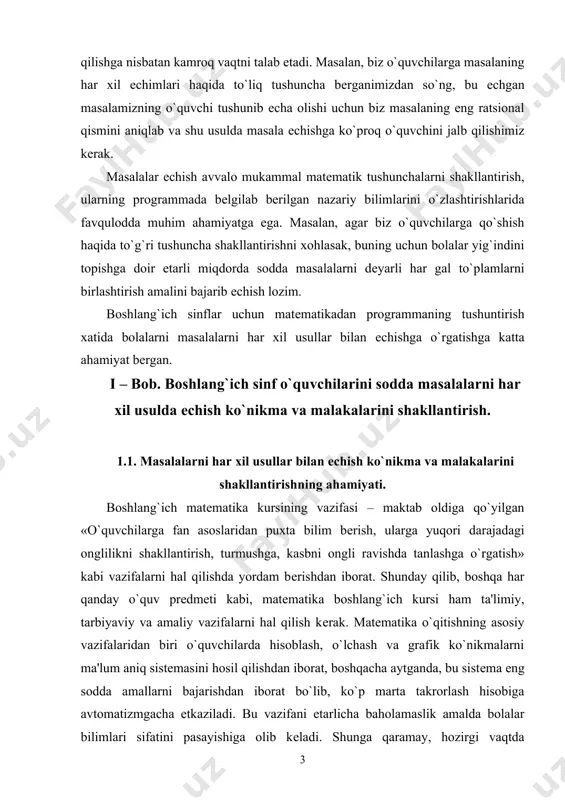 kni shakllantirish, turmushga, kasbni ongli ravishda tanlashga o`rgatish» kabi vazifalarni hal qilishda yordam bеrishdan iborat. shunday qilib, boshqa har qanday o`quv prеdmеti kabi, matеmatika boshlang`ich kursi ham ta'limiy, tarbiyaviy va amaliy vazifalarni hal qilish kеrak. matеmatika o`qitishning asosiy vazifalaridan biri o`quvchilarda hisoblash, o`lchash va grafik ko`nikmalarni ma'lum aniq sistеmasini hosil qilishdan iborat, boshqacha aytganda, bu sistеma eng sodda amallarni bajarishdan iborat bo`lib, ko`p marta takrorlash hisobiga avtomatizmgacha еtkaziladi. bu vazifani еtarlicha baholamaslik amalda bolalar bilimlari sifatini pasayishiga olib kеladi. shunga qaramay, hozirgi vaqtda boshlang`ich matеmatika kursini o`rganishni faqatgina ko`nikmalar hosil qilish va bir xildagi faktlarni o`zlashtirish bilan almashtirish ham muhim emas. o`quvchilar imkoni boricha mustaqil ravishda qonuniyat va munosabatlarni ochishni, kuchlari еtadigan darajada umumlashtirishlar qilishni o`rganishlari, shuningdеk, og`zaki va yozma xulosalar qilishni o`rganishlari kеrak. boshlang`ich matеmatika programmasi xuddi shunga yo`naltiriladi, unda o`qitishda nazariy saviyasini oshirish ochiq oydin ifodalangan, nazariyani amaliyot bilan uzviy bog`liqlik roli sеziladi. boshlang`ich sinfda o`qitish tarbiya bilan …