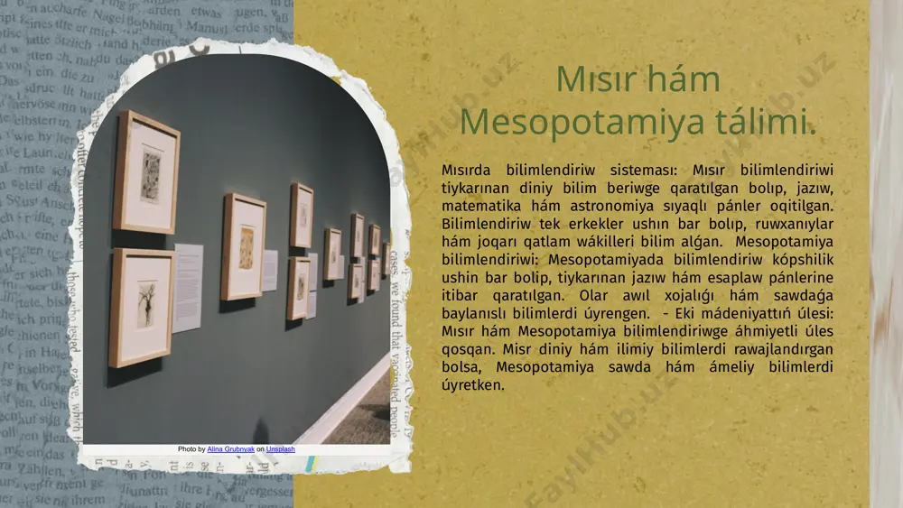 tásiri. bilimlendiriwdiń sociallıq turmısqa tásiri: bilimlendiriw, jámiyette adamlardıń sociallıq statusın belgileydi hám olardıń óz ara qatnasıqların ózgertedi. bilimlendiriw hám sociallıq ózgerisler: bilimlendiriw, sociallıq ózgerislerdi qollap-quwatlaydı, jańa ideyalar hám qádiriyatlardı tarqatadı. - bilimlendiriwdiń mádeniy rawajlanıwǵa úlesi: bilimlendiriw, mádeniy miyrastı saqlaw hám rawajlandırıwda áhmietli rol oynaydı. - bilimlendiriw hám sociallıq ádillik: bilimlendiriw, hámme ushın teń imkaniyatlar jaratıw arqalı sociallıq ádillikti támiyinleydi. bilimlendiriw hám sociallıq turmıs: bilimlendiriw, adamlardıń turmısın jaqsılawda hám sociallıq turaqlılıqtı támiyinlewde úlken áhmietke ie. - bilimlendiriw hám ekonomikalıq rawajlanıw: bilimlendiriw, ekonomikalıq belsendilikti arttıradı hám jámiyettiń barlıq qatlamları ushın jańa imkaniyatlar jaratadı. bilimlendiriw hám mádeniyat: bilimlendiriw, mádeniy óz ara baylanıslardı kúsheytedi hám xalıqaralıq qatnasıqlardı jaqsılaydı. bilimlendiriw hám keleshek áwlad: bilimlendiriw, keleshek áwladtı tayarlawda tiykarǵı faktor esaplanadı, bul bolsa jámiettiń keleshegin belgileydi. tálim-tárbiyanıń áyyemgi mádeniyatlardaǵı roli. - áemgi mádeniyatlarda tálim-tárbiyanıń áhmieti oǵada úlken. - bilim beriw menen birge, insandı tárbiyalaw hám jámietke paydalı aǵza sıpatında tayarlawǵa qaratılǵan. tálim-tárbiyanıń sociallıq hám mádeniy tásiri …