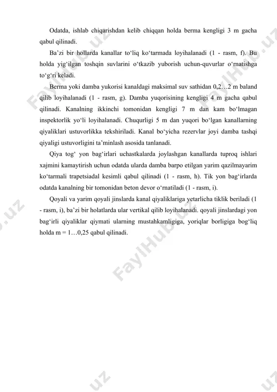 paydo bo‘lishiga, grunt suvlarining satxi kanaldagi suv suv sathidan baland bo‘lishiga, to‘liq ko‘tarmadagi kanallarning cho‘kishiga olib keladi. kanal trassaning holati (o‘rni) qurilgan imoratlarga, sanoat korxonalariga, muhandislik inshootlariga, hosildor yerlarga ta’sir ko‘rsatadi. kanal trassasini tanlashda kanalni to‘liq qazilmada yoki yarim-qazilma – yarim ko‘tarmada o‘tkazishga intilishimiz lozim. to‘liq ko‘tarmada o‘tgan kanallarni, nisbatan uncha katta bo‘lmagan pastliklar bilan kesishgan joylardan o‘tkazish mumkin. kanalning oxirgi ko‘ndalang, bo‘ylama kesimlari va trassasi qurilish ishlarini hisobga olgan variantlarni texnik-iqtisodiy asoslash asosida qabul qilinadi. katta kanallarni loyihalashda, ularning uzun uchastkalarga ega bo‘lishi kanaldagi suv sathini ko‘tarib yuborishini hisobga olish lozim. kanal trassasini, mumkin qadar shamol eng ko‘p esadigan yo‘nalish bilan mos kelmasligini ta’minlanish kerak. kanal burilishlarida muz va muz parchalarining tiqilib qolish holati yuz bermasligi uchun uning botiq qirg‘oqlarida suv tezligi oshirishga erishish lozim. buning uchun, burilish radiusi kanaldagi suv sathi kengligining besh barobariga teng qilib olinadi. kema o‘tkazuvchi kanallar o‘qi bo‘yicha burilish radiusi eng katta o‘tuvchi kema …