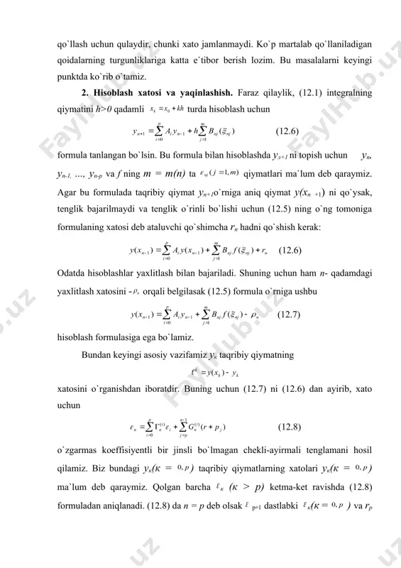 quyidagini aytishimiz mumkin: agar h 0 da bo`lsa, u holda (12.5) formula shubqasiz tekis yaqinlashuvchi hisoblash jarayoniga yo`l qo`yadi. faraz qilaylik, r=r(h) barcha п (р п n - 1) uchun xato absolyut qiymatining yuqori chegarasi bo`lsin: | rп\ r. u holda va (12.17) bundan quyidagiga ega bo`lamiz. 3-teorema. agar h 0 bo`lganda bo`lsa, u holda (12.5) formula tekis yaqinlashuvchi hisoblash jarayoniga yo`l qo`yadi. 4-teorema. agar tenglamaning modul bo`yicha birdan katta ildizi mavjud bo`lmasa va moduli birga teng bo`lgan ildizi tub bo`lsa, u holda h 0 bo`lganda bo`lsa, (12.5) formula tekis yaqinlashuvchi hisoblash jarayoniga yo`l qo`yadi. isbot. biz yuqorida ko`rganimizdek teorema shartlari bajarilganda, shunday м1 soni topiladiki, barcha к р uchun bo`ladi va (12.17)dan quyidagi bahoga ega bo`lamiz: bundan esa teorema tasdig`i kelib chiqadi. 5-teorema. agar bo`lsa, u holda (12.5) formula dastlabki xatolarga nisbatan turg`un bo`ladi. isbot. (12.5) formulaga mos keluvchi bir jinsli tenglamani qaraymiz. bu yerdan bu bahoni bir necha …