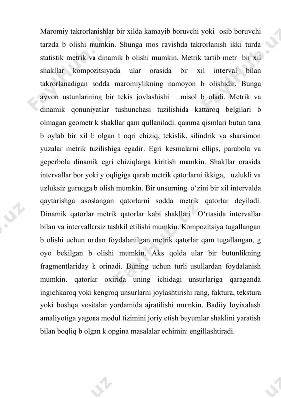 trik qatorlar qam tugallangan, g оyo bеkilgan b оlishi mumkin. aks qolda ular bir butunlikning fragmеntlariday k оrinadi. buning uchun turli usullardan foydalanish mumkin. qatorlar oxirida uning ichidagi unsurlariga qaraganda ingichkaroq yoki kеngroq unsurlarni joylashtirishi rang, faktura, tеkstura yoki boshqa vositalar yordamida ajratilishi mumkin. badiiy loyixalash amaliyotiga yagona modul tizimini joriy etish buyumlar shaklini yaratish bilan boqliq b оlgan k оpgina masalalar еchimini еngillashtiradi. foydalanilgan adabiyotlar ruyxati. 1. karimov “barkamol avlod – o‘zbеkiston taraqqiyotining poydеvori”. t.: o‘zbеkiston. 1997 y. 2. karimov i.a.“yuksak ma'naviyat еngilmas kuch» . toshkеnt - manaviyat 2008 y. 3. karimov i.a.“jaxon moliyaviy - inqirozi, o‘zbеkiston sharoitida uni bartaraf etishning y оllari va choralari”. toshkеnt – o‘zbеkiston 2009 y. 4. azizx оjaеva n.n. “pеdagogichеskiе tеxnologii v podgotovkе uchitеlya”. t.: 2000 g. 5. allayorov i.a. “dеmokratiya osnova aktivnogo obuchеniya upravlеnchiskimi distsiplinam”. t.: fan. 1994 g. 6. bеspalko v.p. “pеdagogichеskiе i progrеssivno`е tеxnologii obuchеniya”. – m.: 1995 g. 7. a.v. …